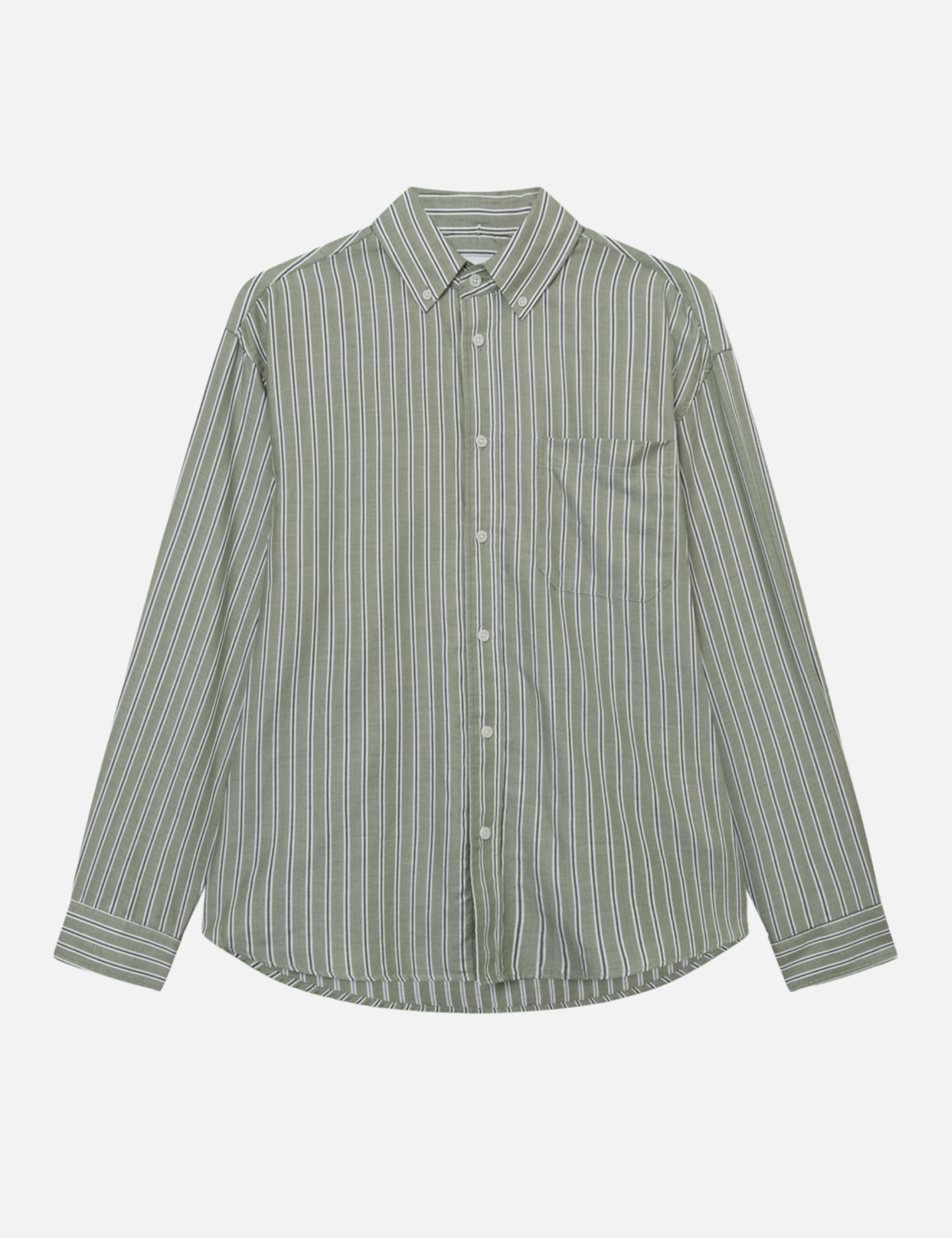 Les Deux Kolton Herringbone Poplin Dress Shirt Button Up Collared Men’s LS Long Sleeve Top White Chive Green Striped Pattern Athens GA Georgia Kempt Menswear Store Near Me