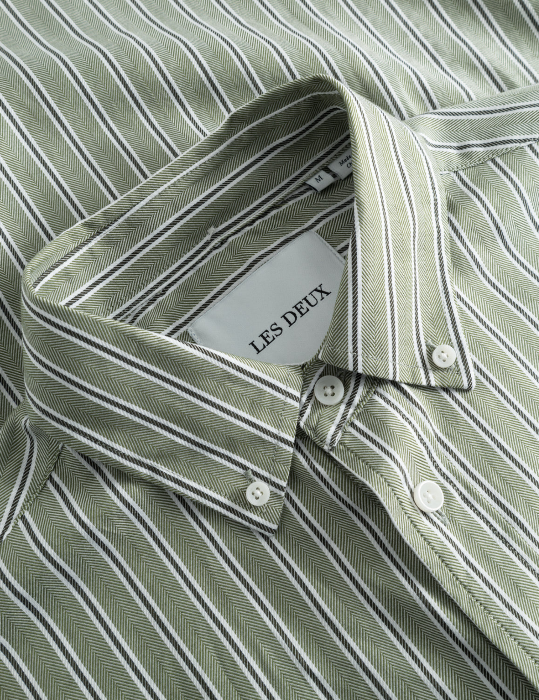 Les Deux Kolton Herringbone Poplin Dress Shirt Button Up Collared Men’s LS Long Sleeve Top White Chive Green Striped Pattern Athens GA Georgia Kempt Menswear Store Near Me