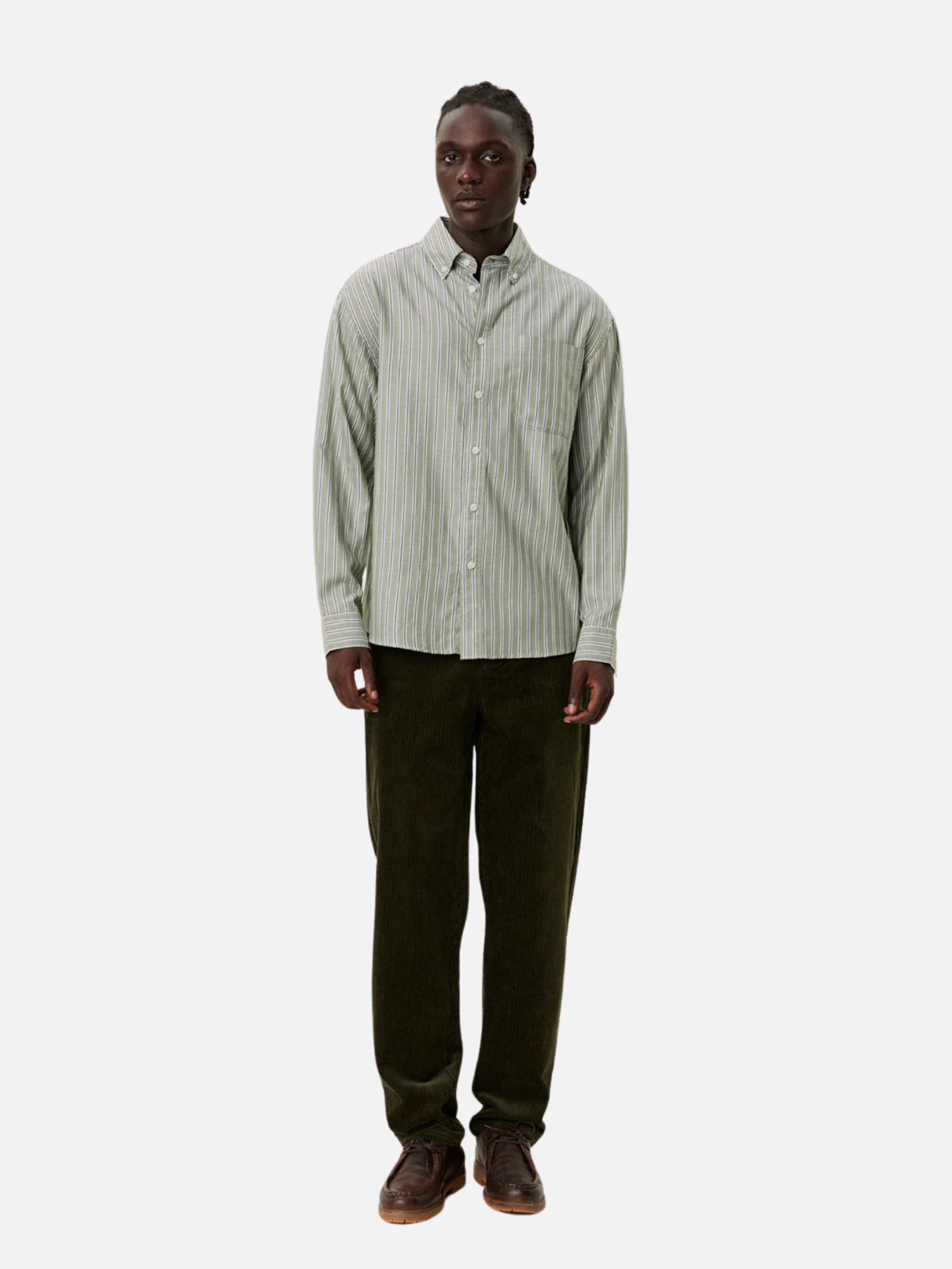 Les Deux Kolton Herringbone Poplin Dress Shirt Button Up Collared Men’s LS Long Sleeve Top White Chive Green Striped Pattern Athens GA Georgia Kempt Menswear Store Near Me