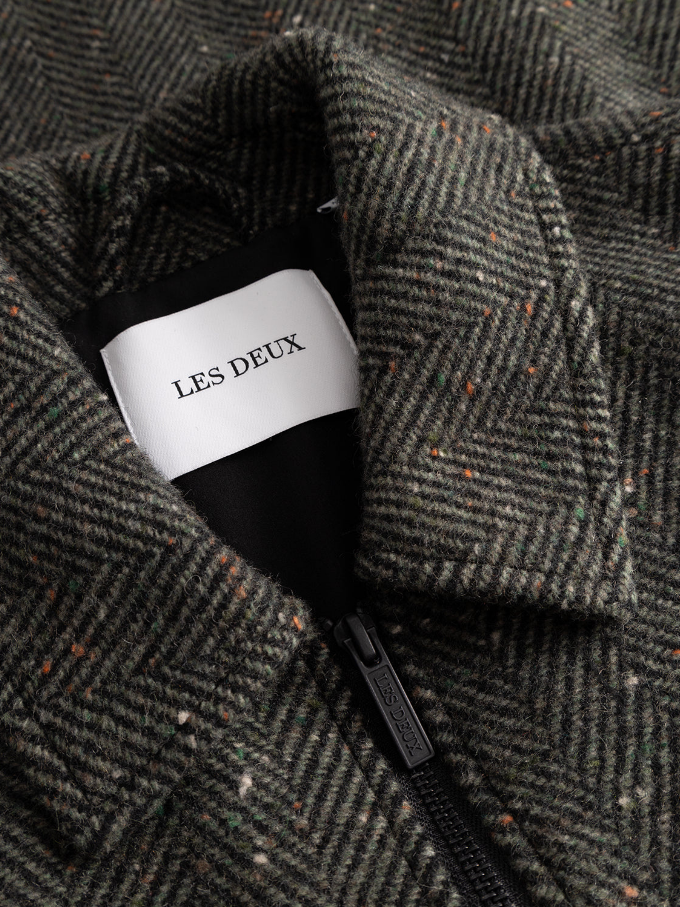 Les Deux Marseille Herringbone Wool Jacket Zip Up Outerwear Four Front Pockets Collared Zipped Jackets for Men Men’s Fall Winter Tops Duffel Bag Green Design Athens GA Georgia Kempt Menswear Store Near Me