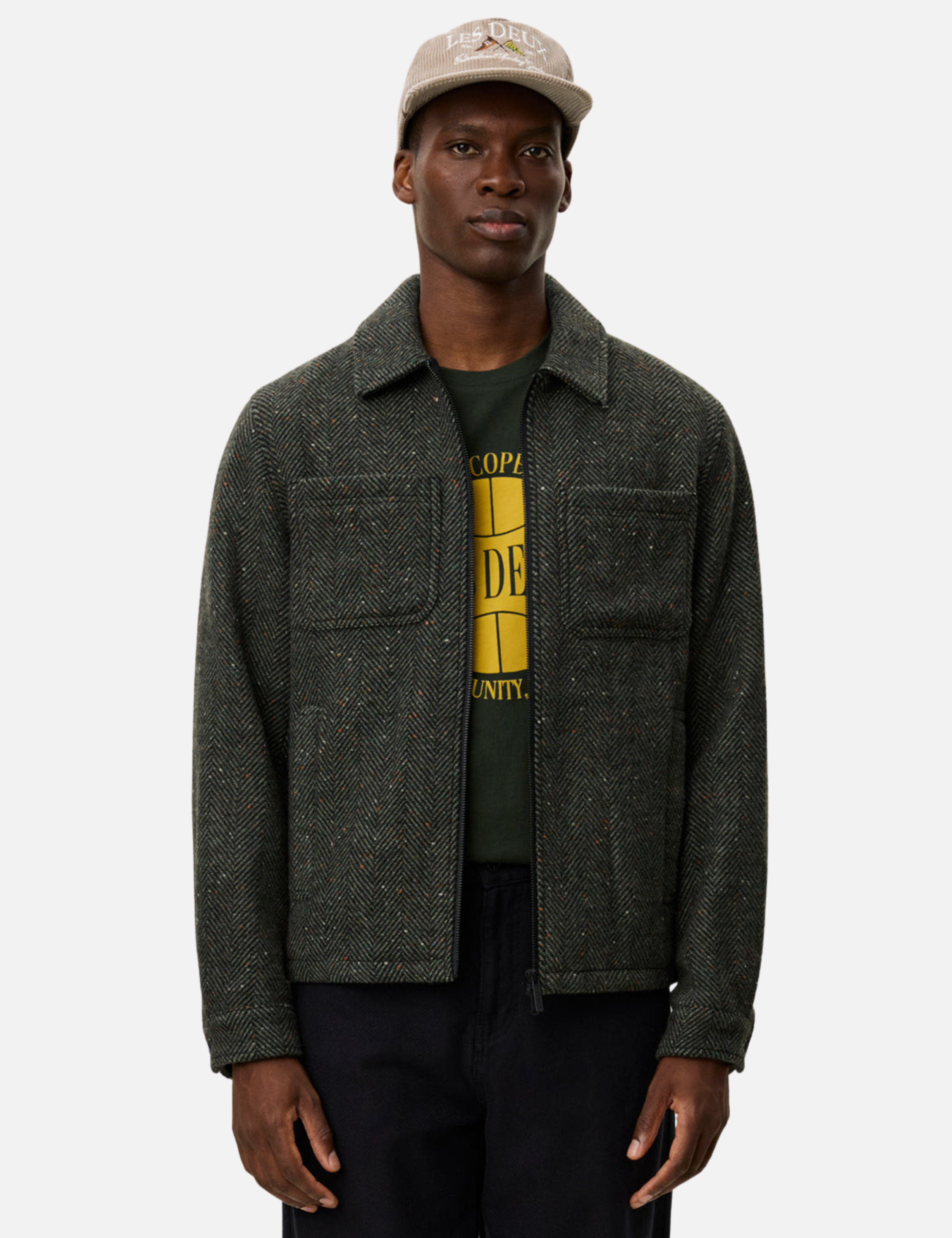 Les Deux Marseille Herringbone Wool Jacket Zip Up Outerwear Four Front Pockets Collared Zipped Jackets for Men Men’s Fall Winter Tops Duffel Bag Green Design Athens GA Georgia Kempt Menswear Store Near Me