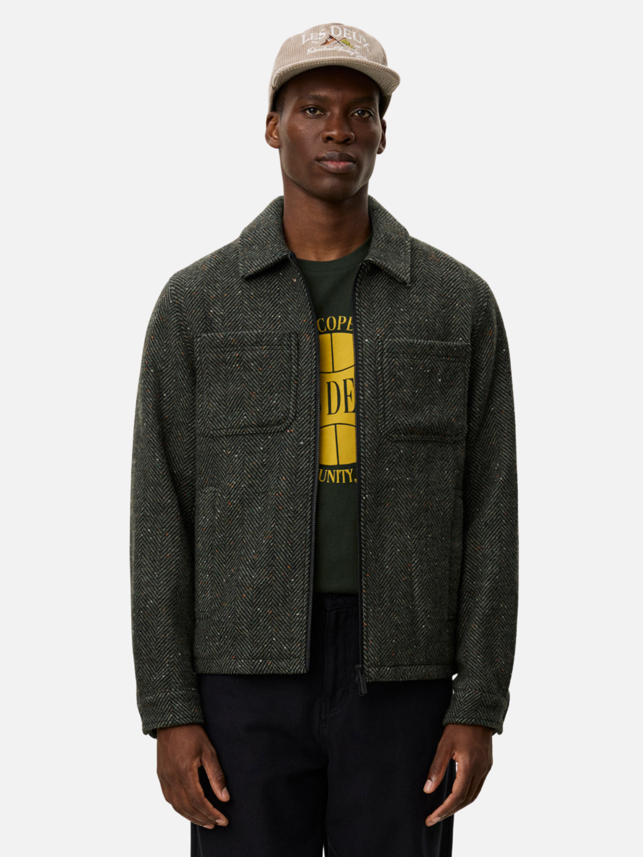 Les Deux Marseille Herringbone Wool Jacket Zip Up Outerwear Four Front Pockets Collared Zipped Jackets for Men Men’s Fall Winter Tops Duffel Bag Green Design Athens GA Georgia Kempt Menswear Store Near Me
