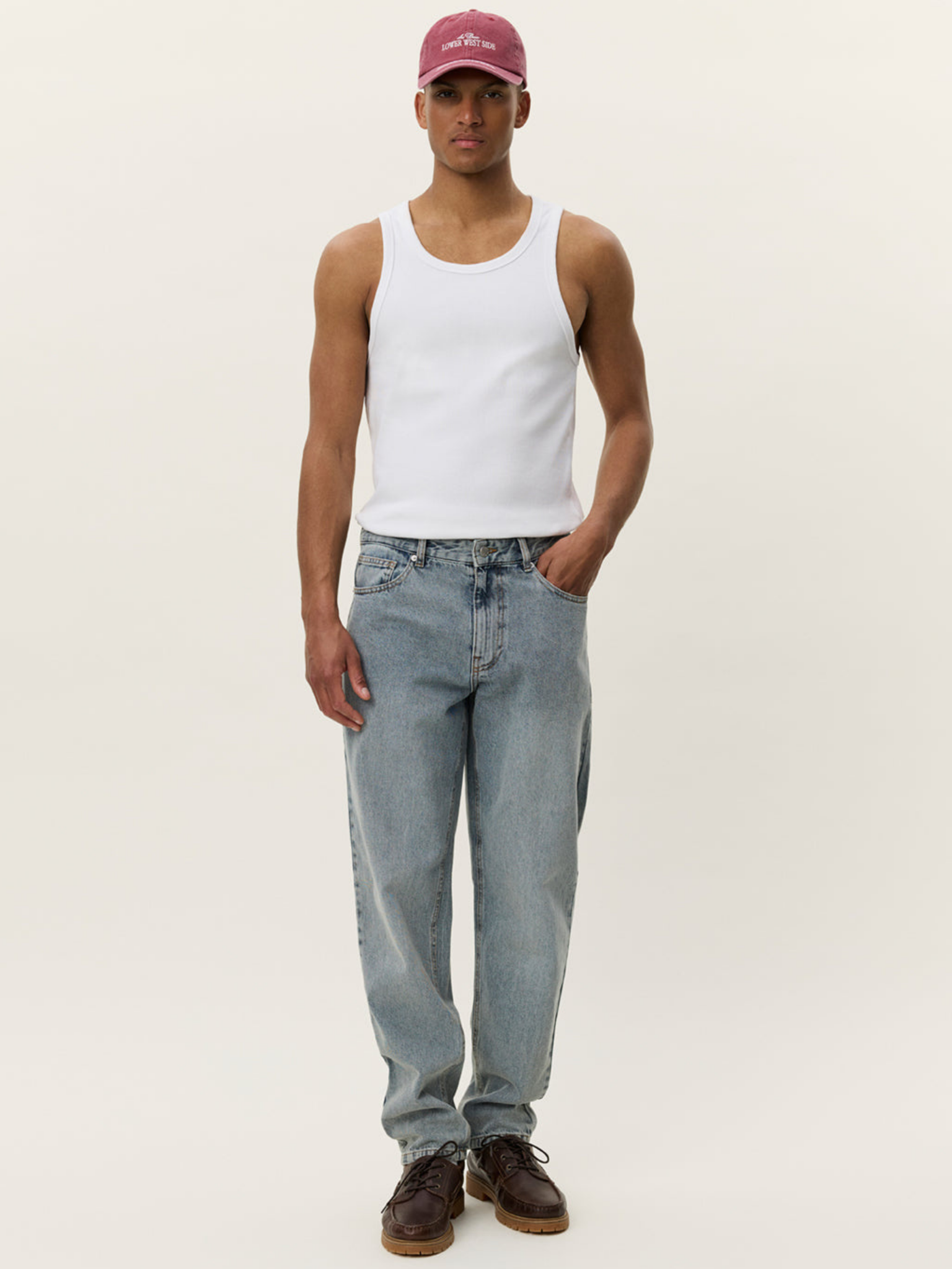 Les Deux Ryder Washed Denim Jeans Pants Loose Tapered Fit Light Indigo Wash Pants Bottoms for Men Athens GA Georgia Kempt Menswear Store Near Me