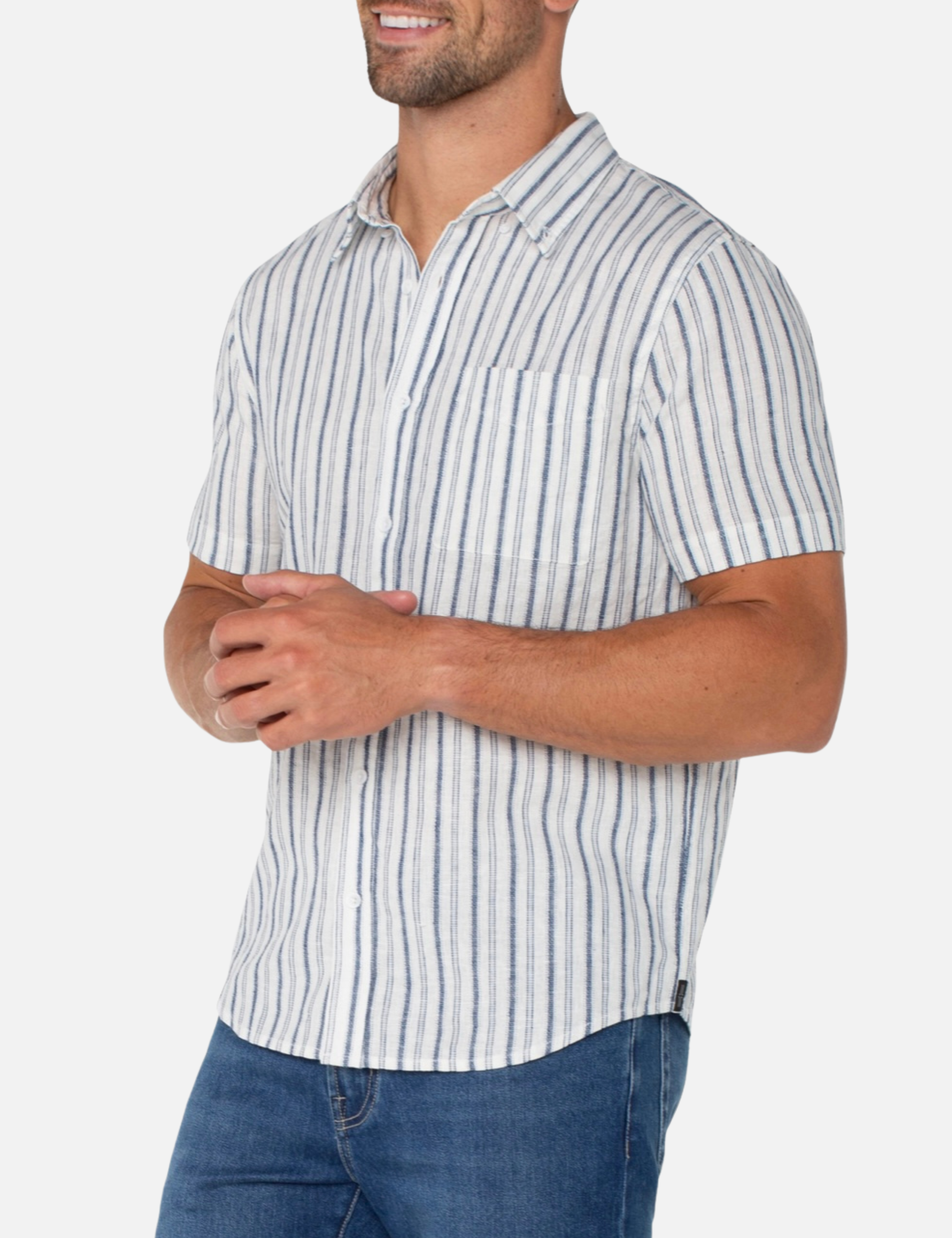 Liverpool Men’s SS Short Sleeve Button Up Shirt White Navy Collared Spring Summer Casual Top for Men Stripe Design Pattern Athens GA Georgia Kempt Menswear Store Near Me