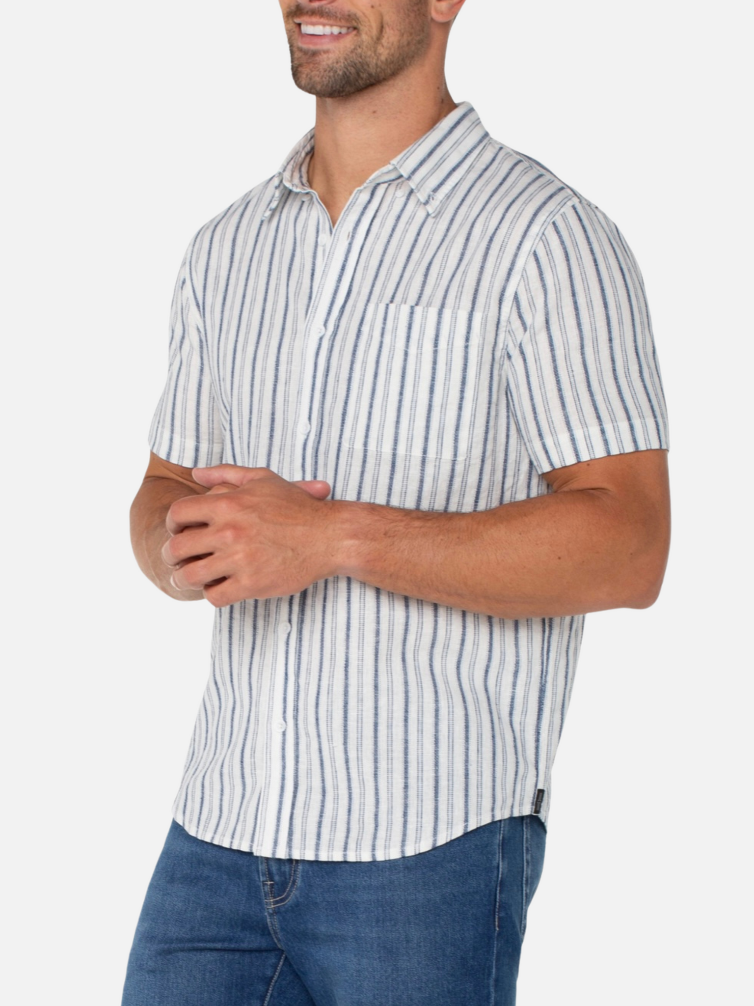 Liverpool Men’s SS Short Sleeve Button Up Shirt White Navy Collared Spring Summer Casual Top for Men Stripe Design Pattern Athens GA Georgia Kempt Menswear Store Near Me