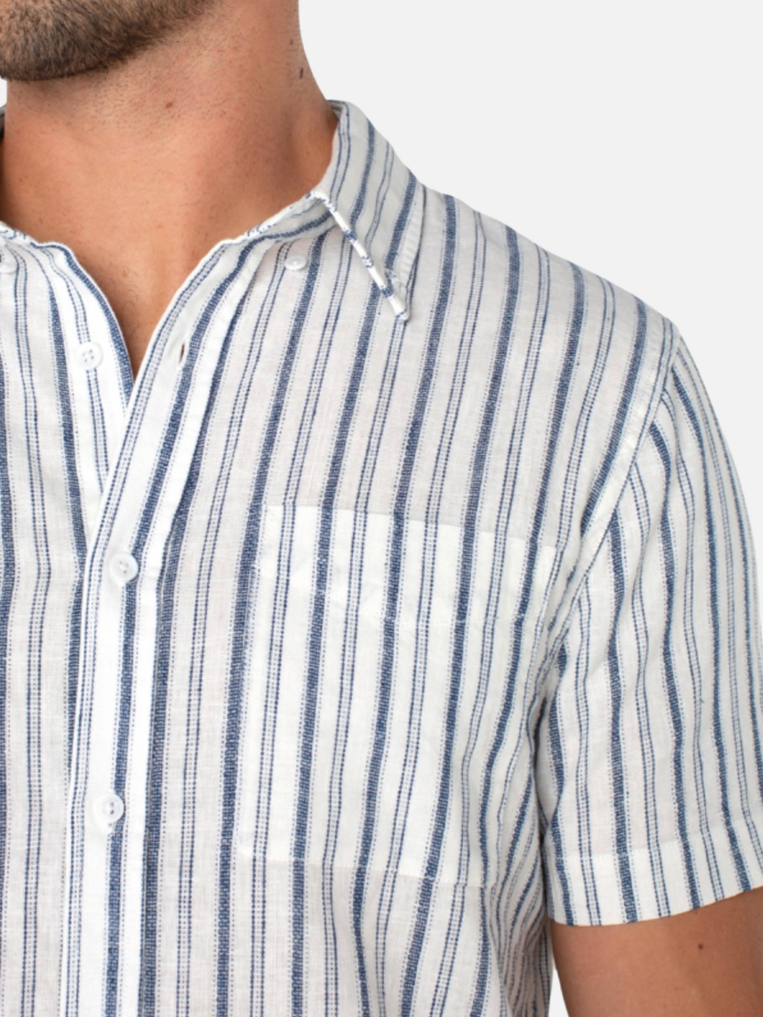 Liverpool Men’s SS Short Sleeve Button Up Shirt White Navy Collared Spring Summer Casual Top for Men Stripe Design Pattern Athens GA Georgia Kempt Menswear Store Near Me