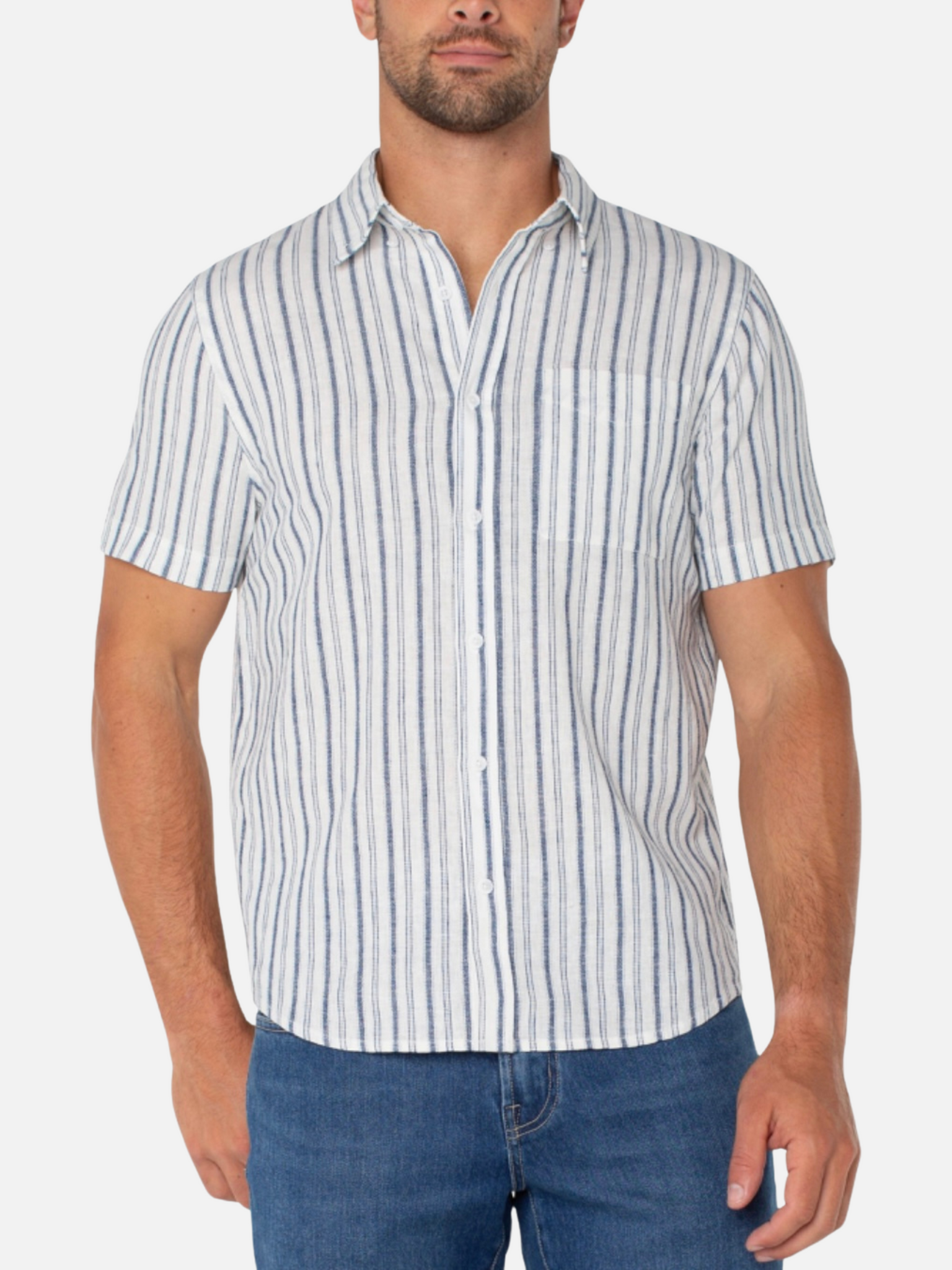 Liverpool Men’s SS Short Sleeve Button Up Shirt White Navy Collared Spring Summer Casual Top for Men Stripe Design Pattern Athens GA Georgia Kempt Menswear Store Near Me