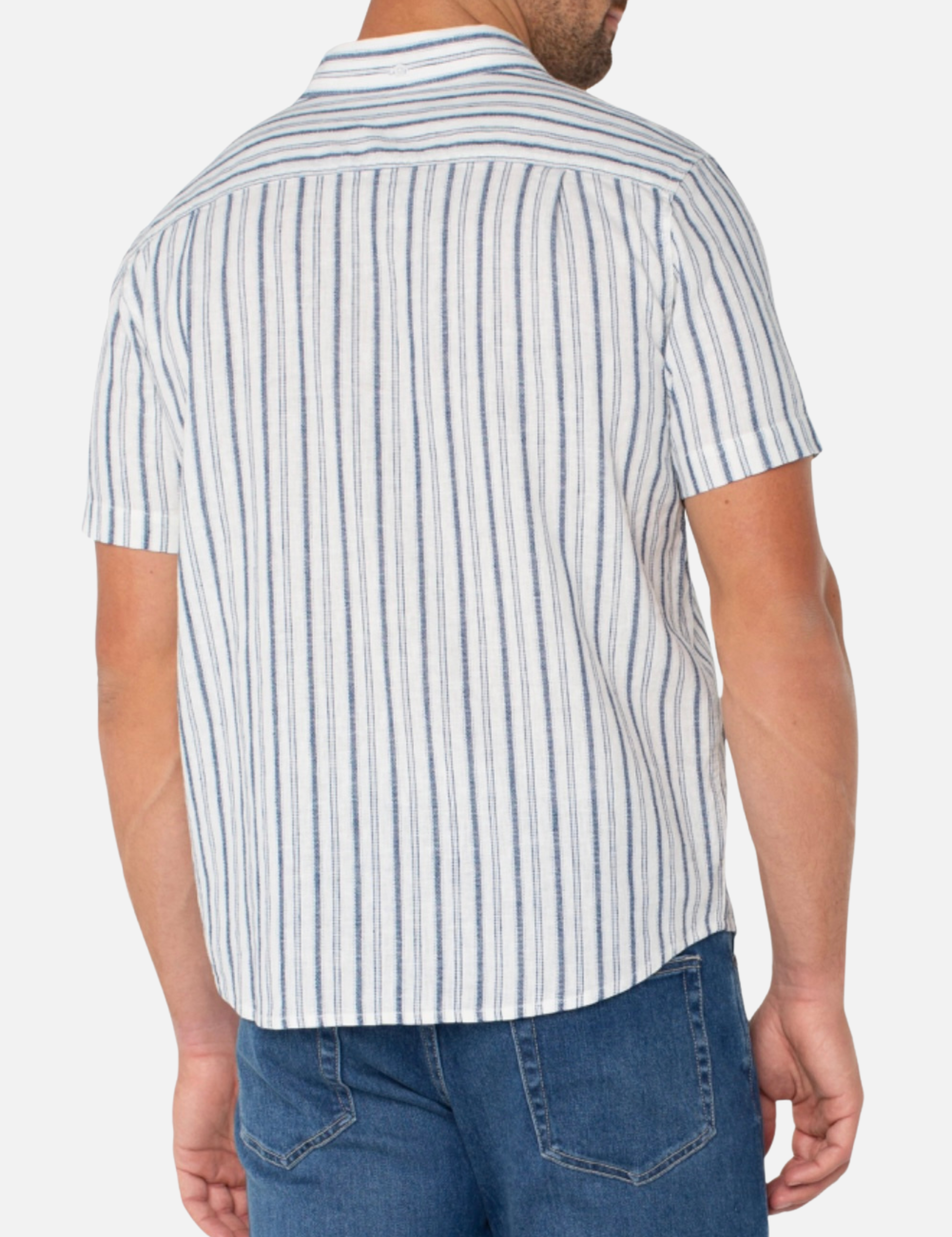 Liverpool Men’s SS Short Sleeve Button Up Shirt White Navy Collared Spring Summer Casual Top for Men Stripe Design Pattern Athens GA Georgia Kempt Menswear Store Near Me