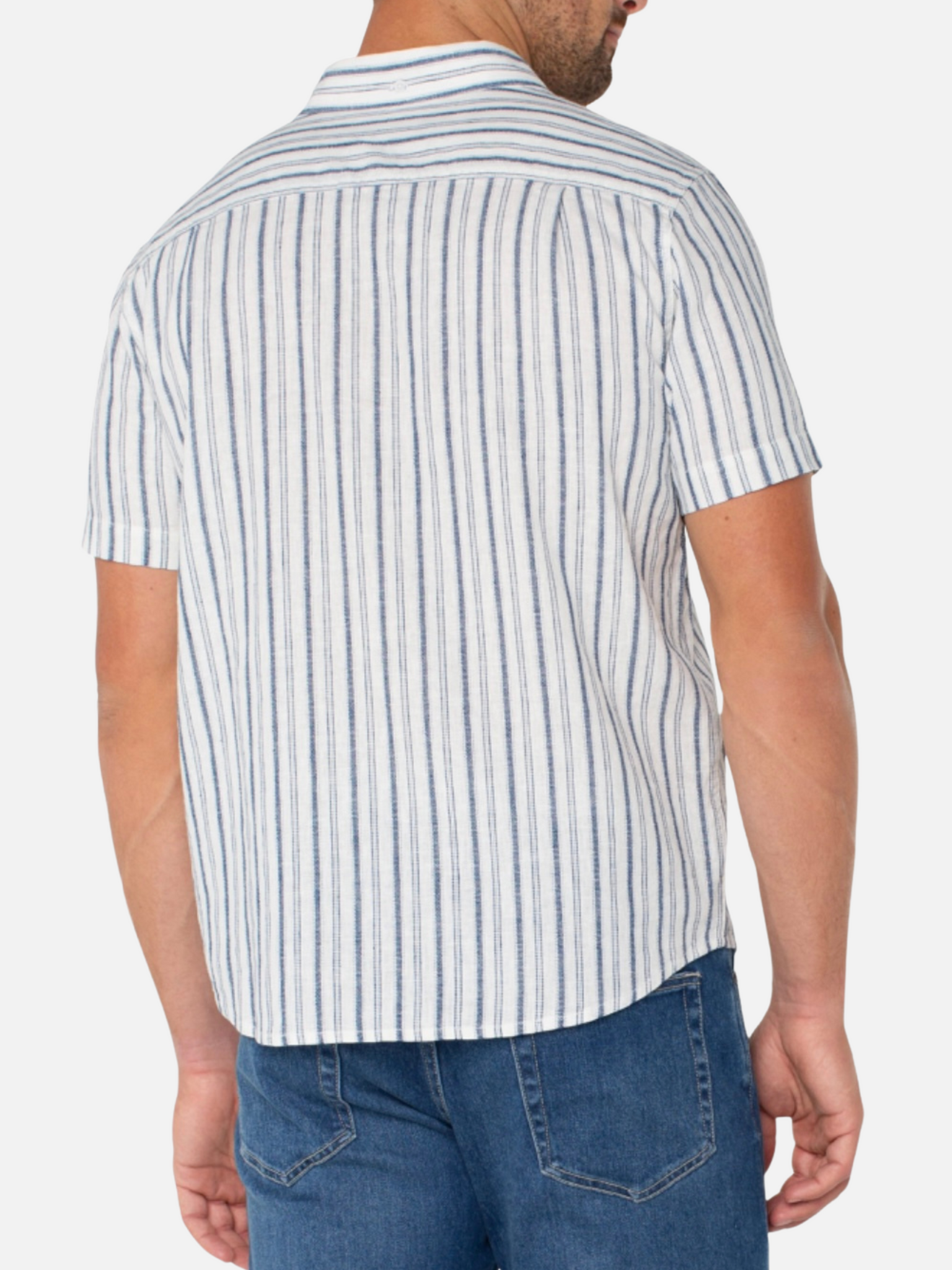 Liverpool Men’s SS Short Sleeve Button Up Shirt White Navy Collared Spring Summer Casual Top for Men Stripe Design Pattern Athens GA Georgia Kempt Menswear Store Near Me