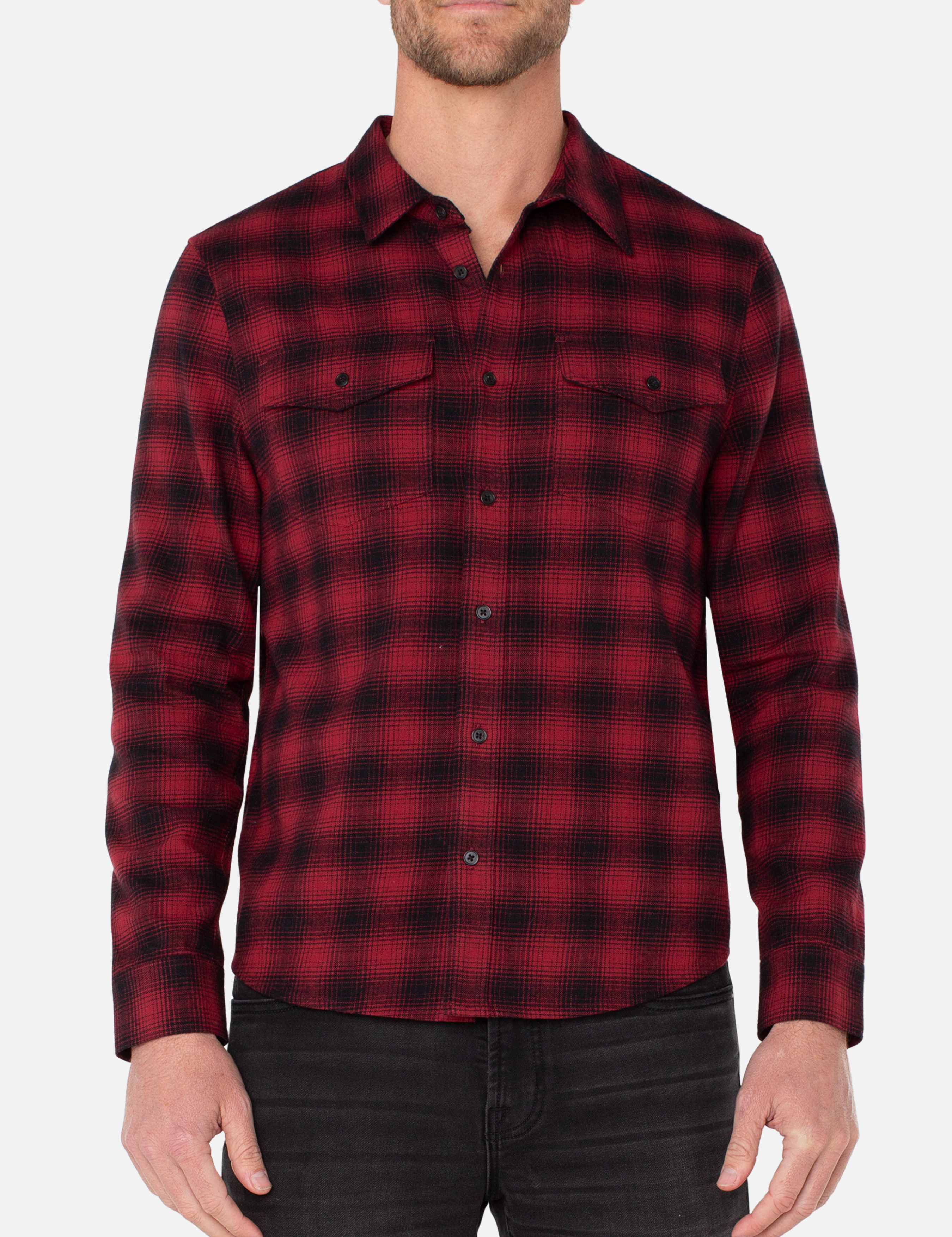 Liverpool Kahan Button Up Red Black Crimson Multi Plaid LS Long Sleeve Collared Button Up Athens GA Georgia Kempt Menswear Store Near Me