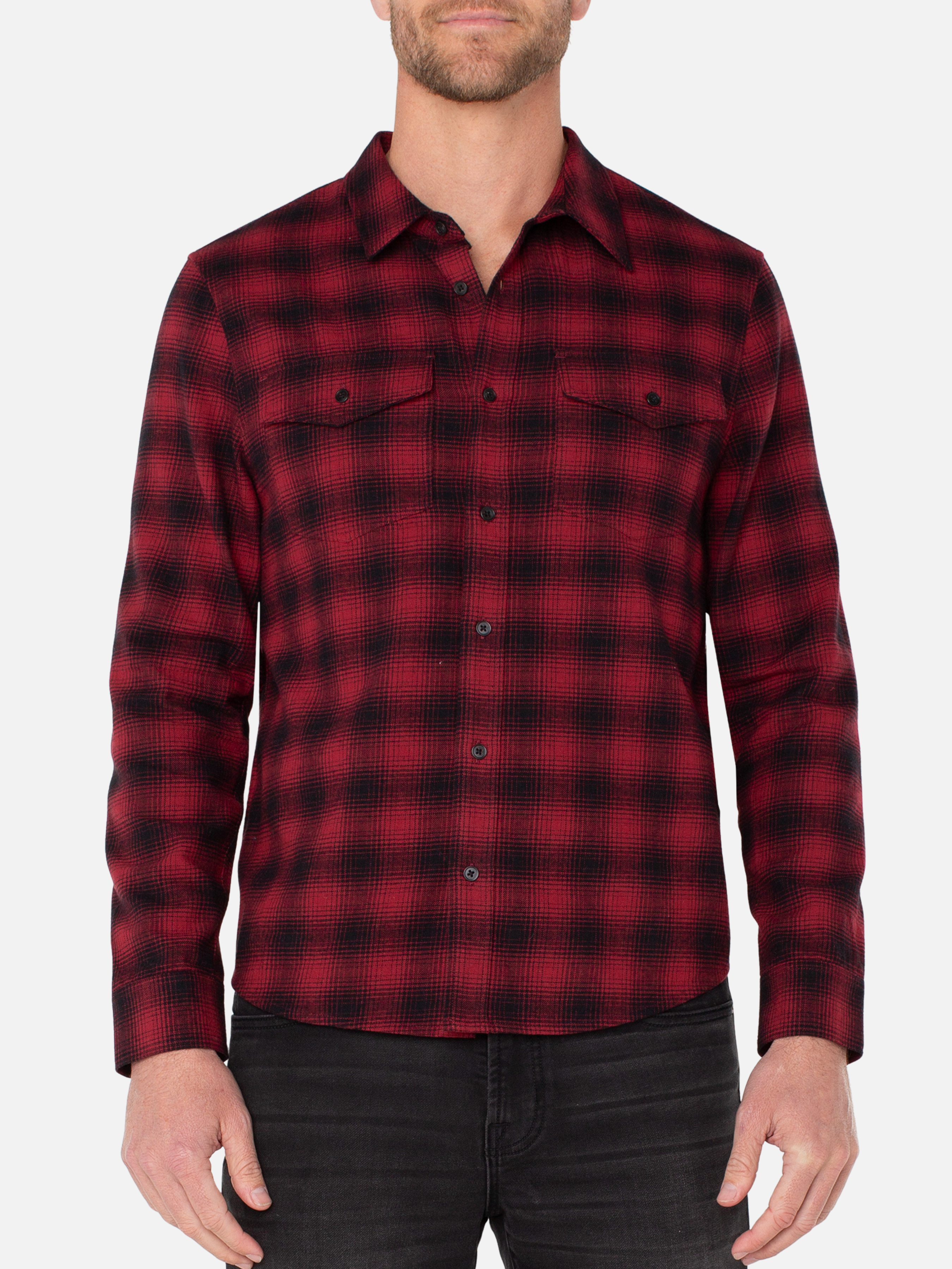 Liverpool Kahan Button Up Red Black Crimson Multi Plaid LS Long Sleeve Collared Button Up Athens GA Georgia Kempt Menswear Store Near Me