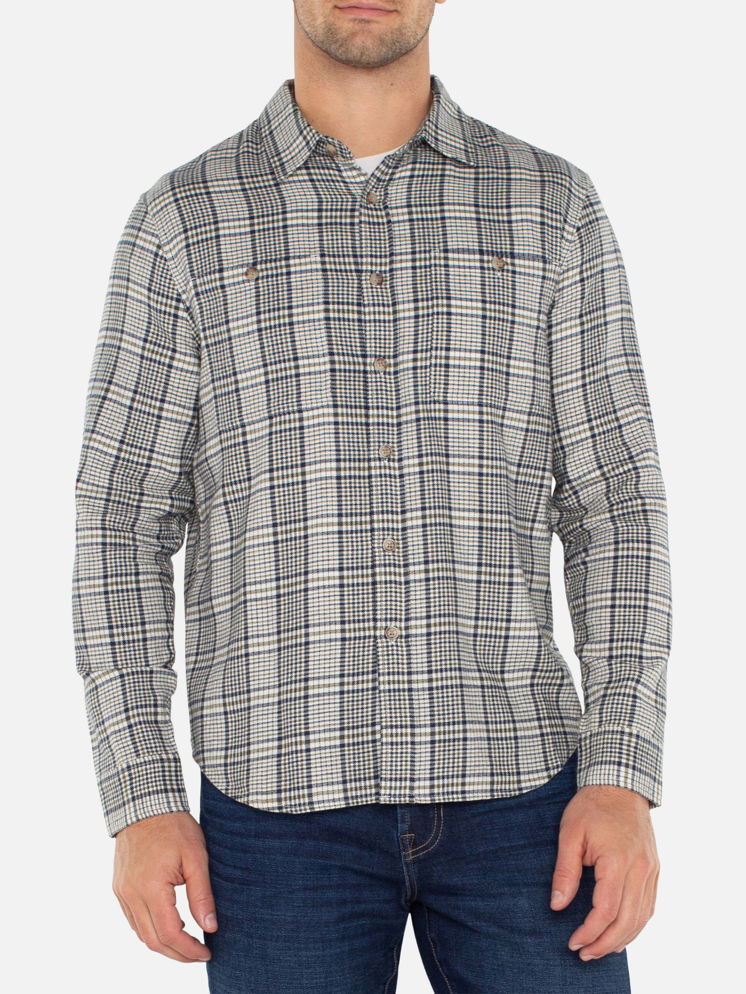 Liverpool LS Long Sleeve Double Front Pocket Collared Button Up Plaid Men’s Top for Men Ivory Navy Olive Multicolor Athens GA Georgia Kempt Menswear Store Near Me