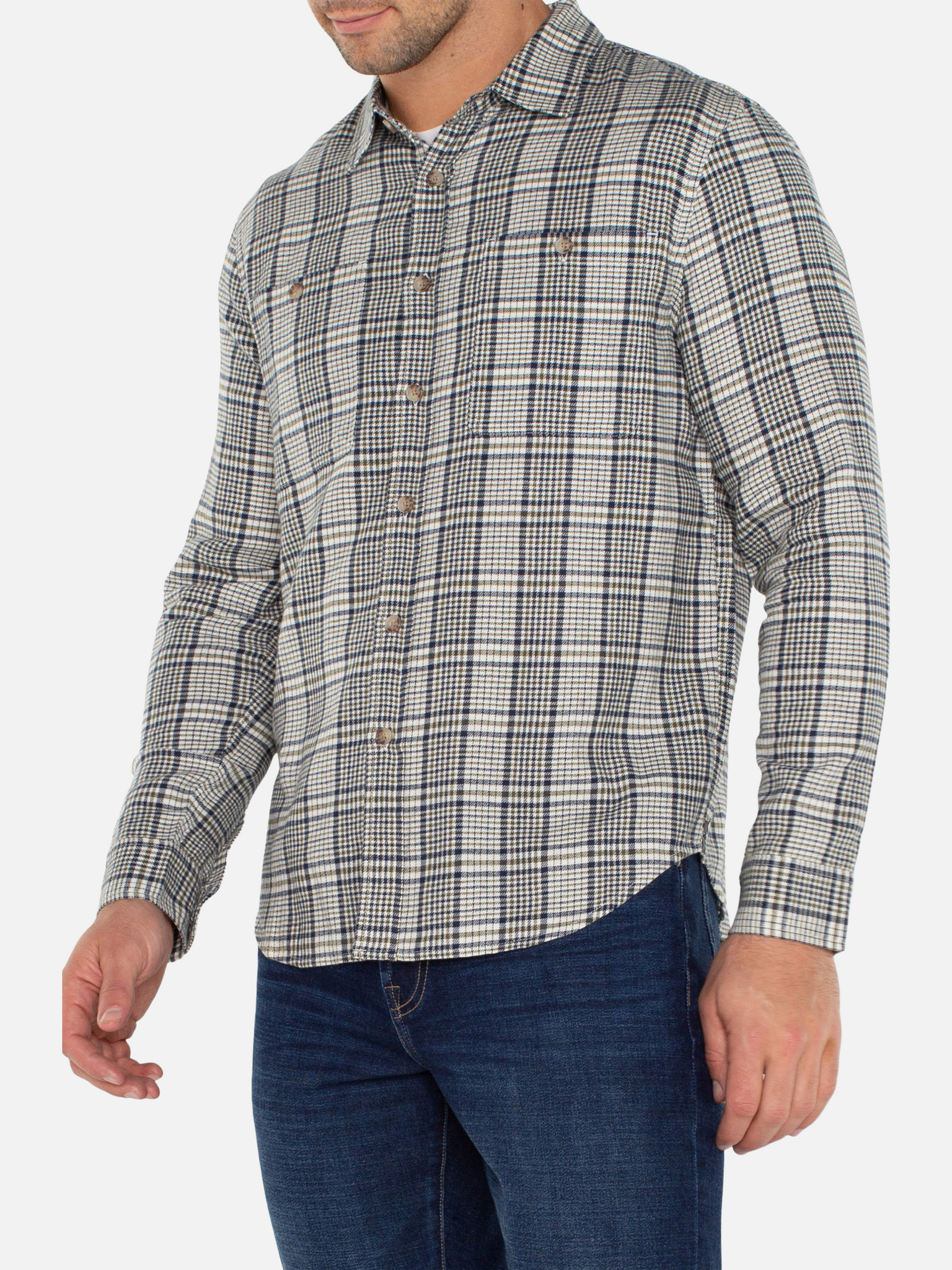 Liverpool LS Long Sleeve Double Front Pocket Collared Button Up Plaid Men’s Top for Men Ivory Navy Olive Multicolor Athens GA Georgia Kempt Menswear Store Near Me
