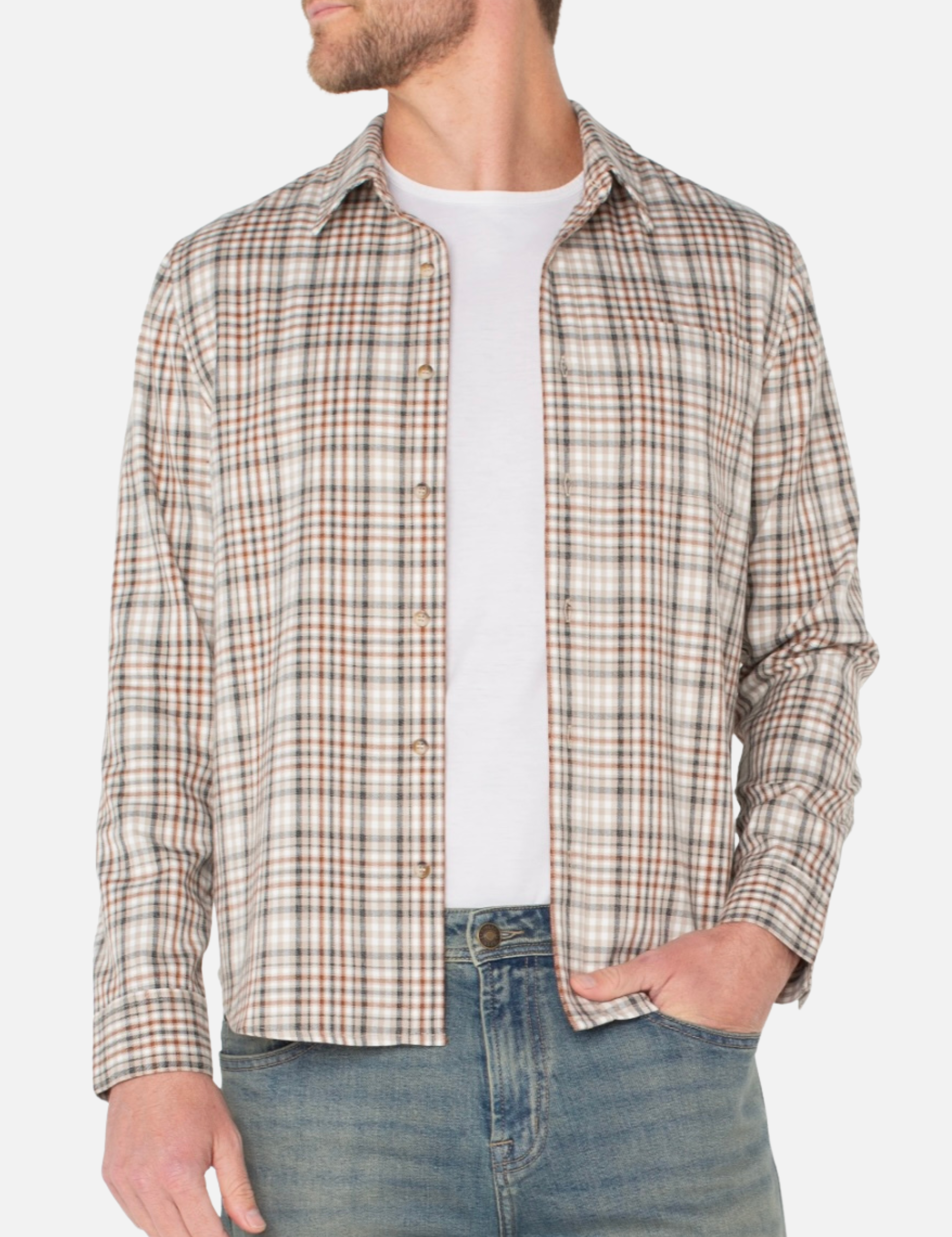 Liverpool Santa Fe Button Up Collared Khaki Rust Plaid Pattern Multi-Colored LS Long Sleeve Men’s Fall Winter Tops for Men Athens GA Georgia Kempt Menswear Store Near Me