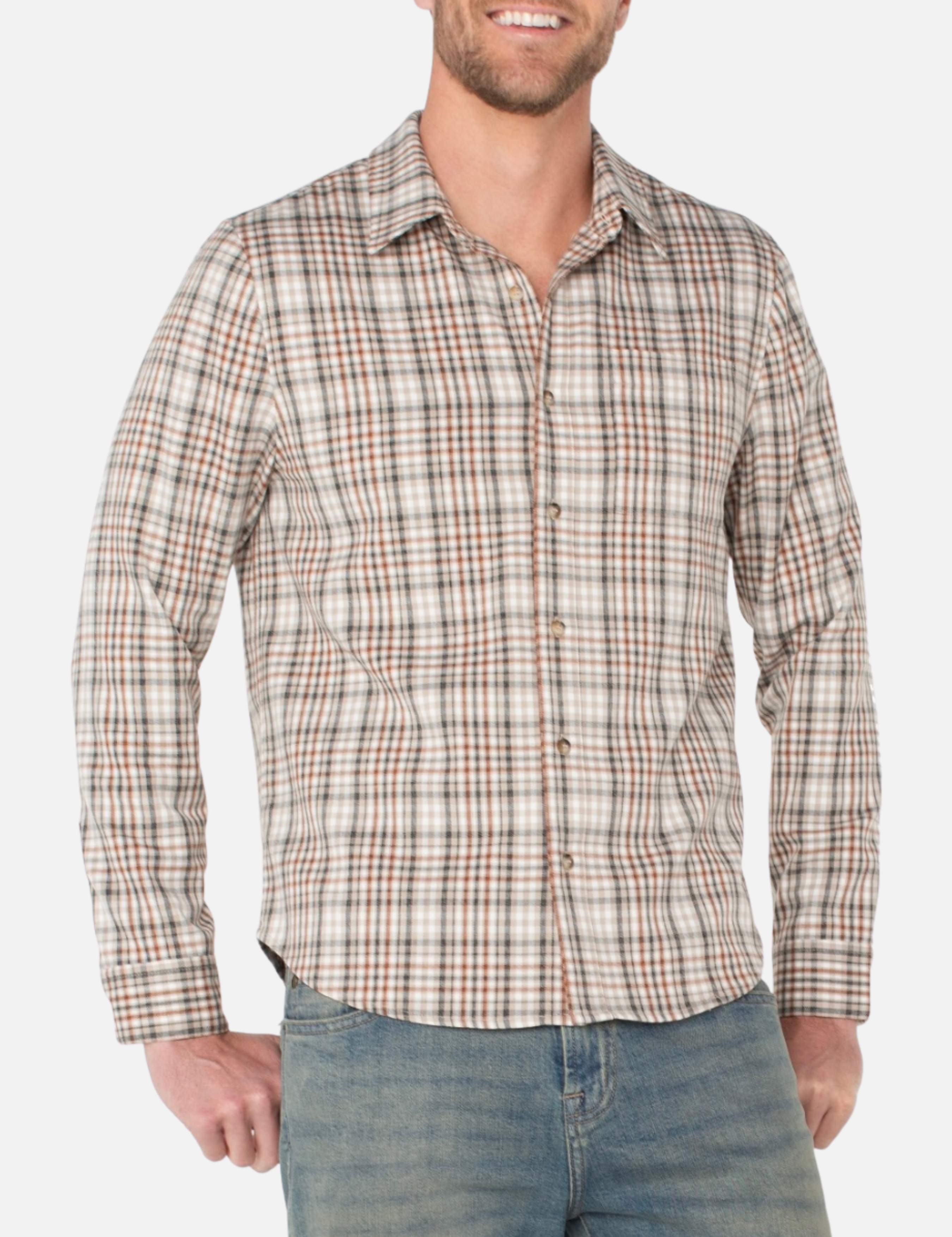 Liverpool Santa Fe Button Up Collared Khaki Rust Plaid Pattern Multi-Colored LS Long Sleeve Men’s Fall Winter Tops for Men Athens GA Georgia Kempt Menswear Store Near Me