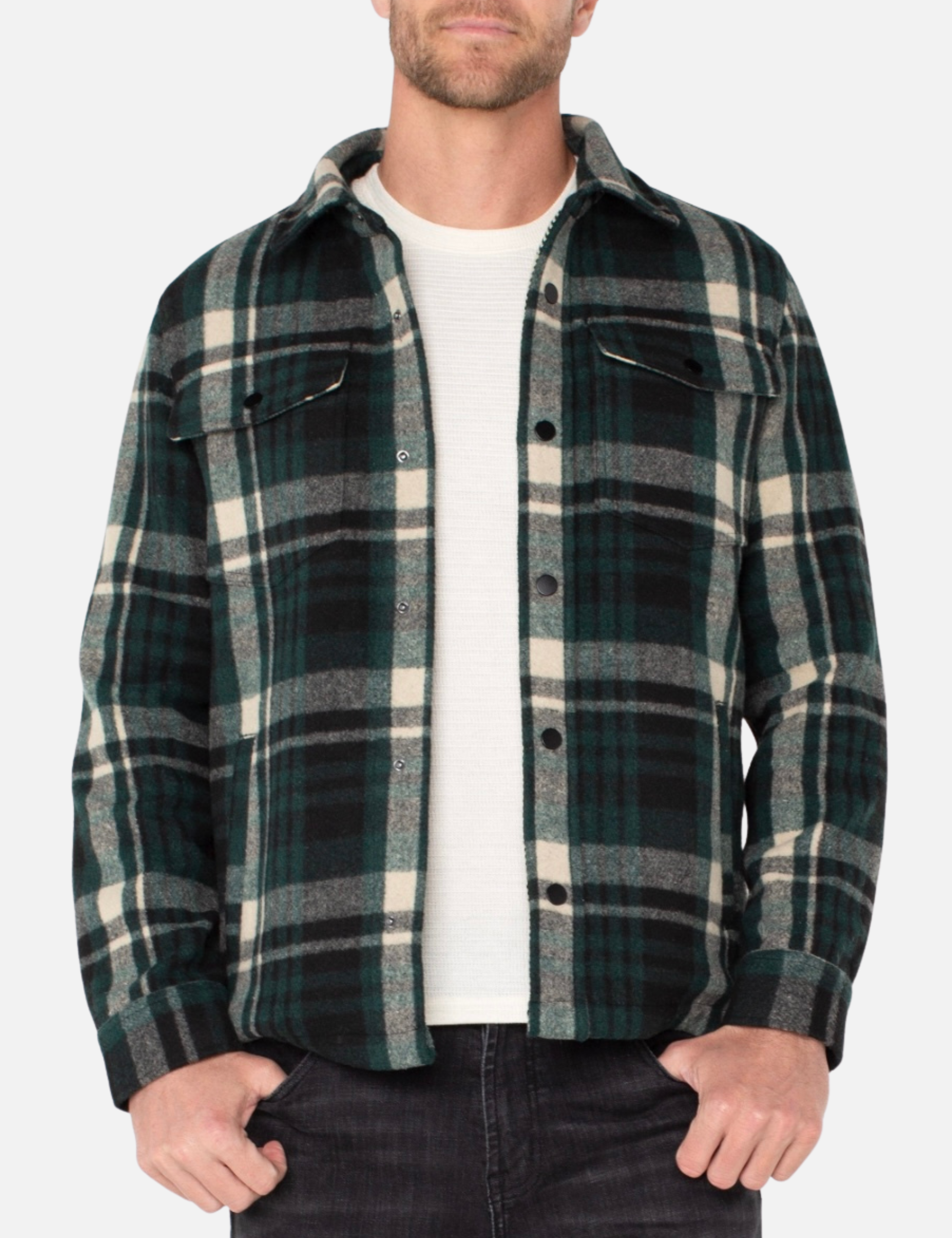 Liverpool Fraser Shirt Jacket Spruce Green Black Multicolor Plaid Pattern LS Long Sleeve Collared Button Down Winter Men’s Tops for Men Athens GA Georgi Kempt Menswear Store Near Me