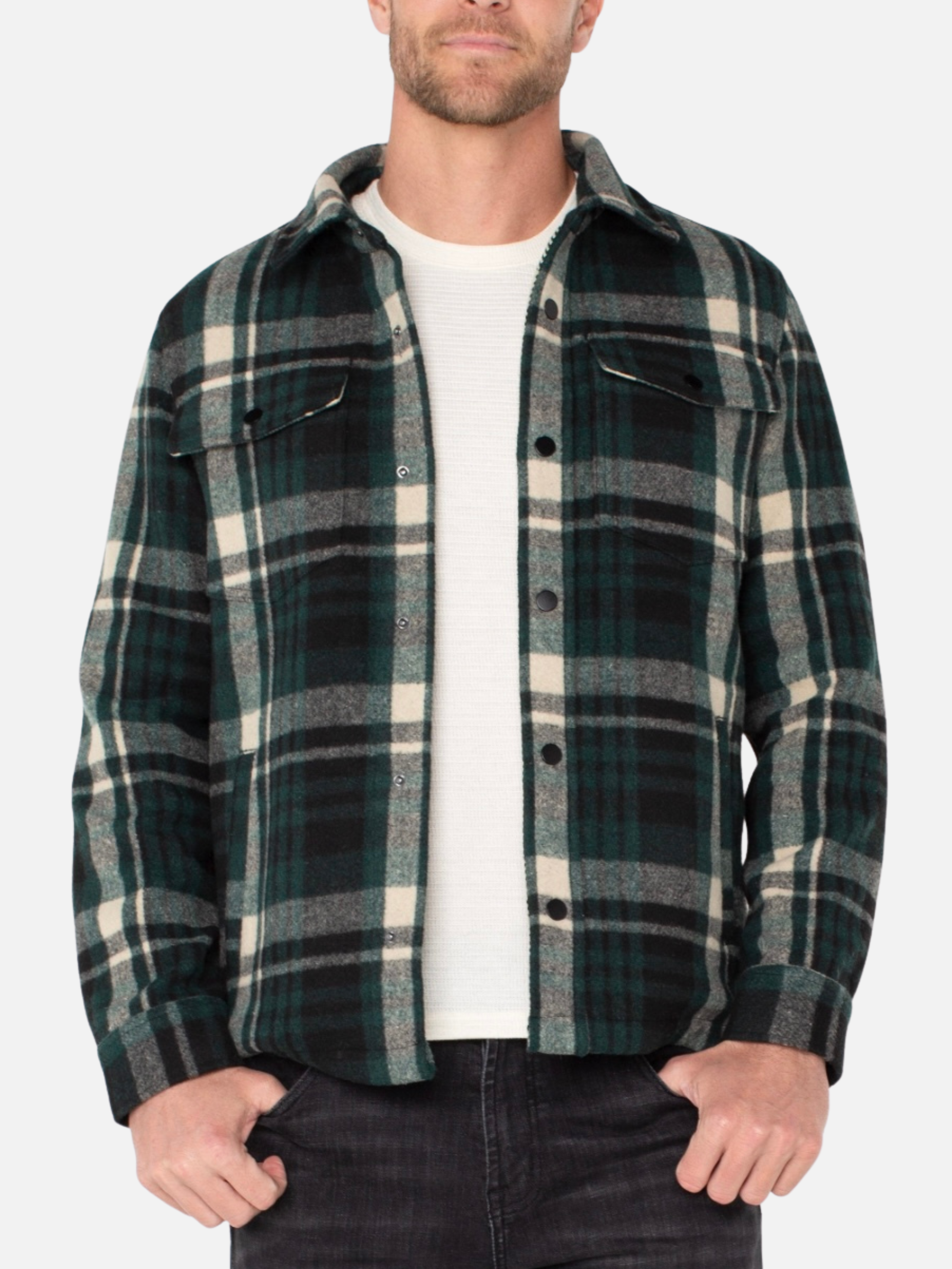 Liverpool Fraser Shirt Jacket Spruce Green Black Multicolor Plaid Pattern LS Long Sleeve Collared Button Down Winter Men’s Tops for Men Athens GA Georgi Kempt Menswear Store Near Me