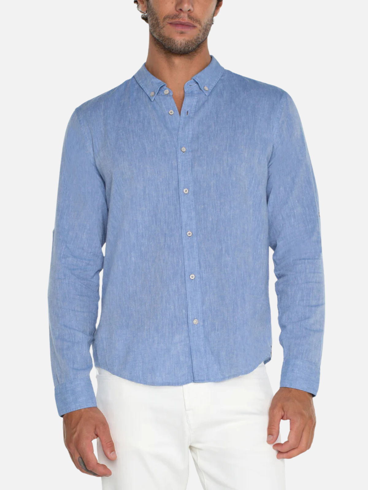 liverpool convertible sleeve ls button up casual oxford shirt cotton linen blend light blue kempt athens ga georgia men's clothing store