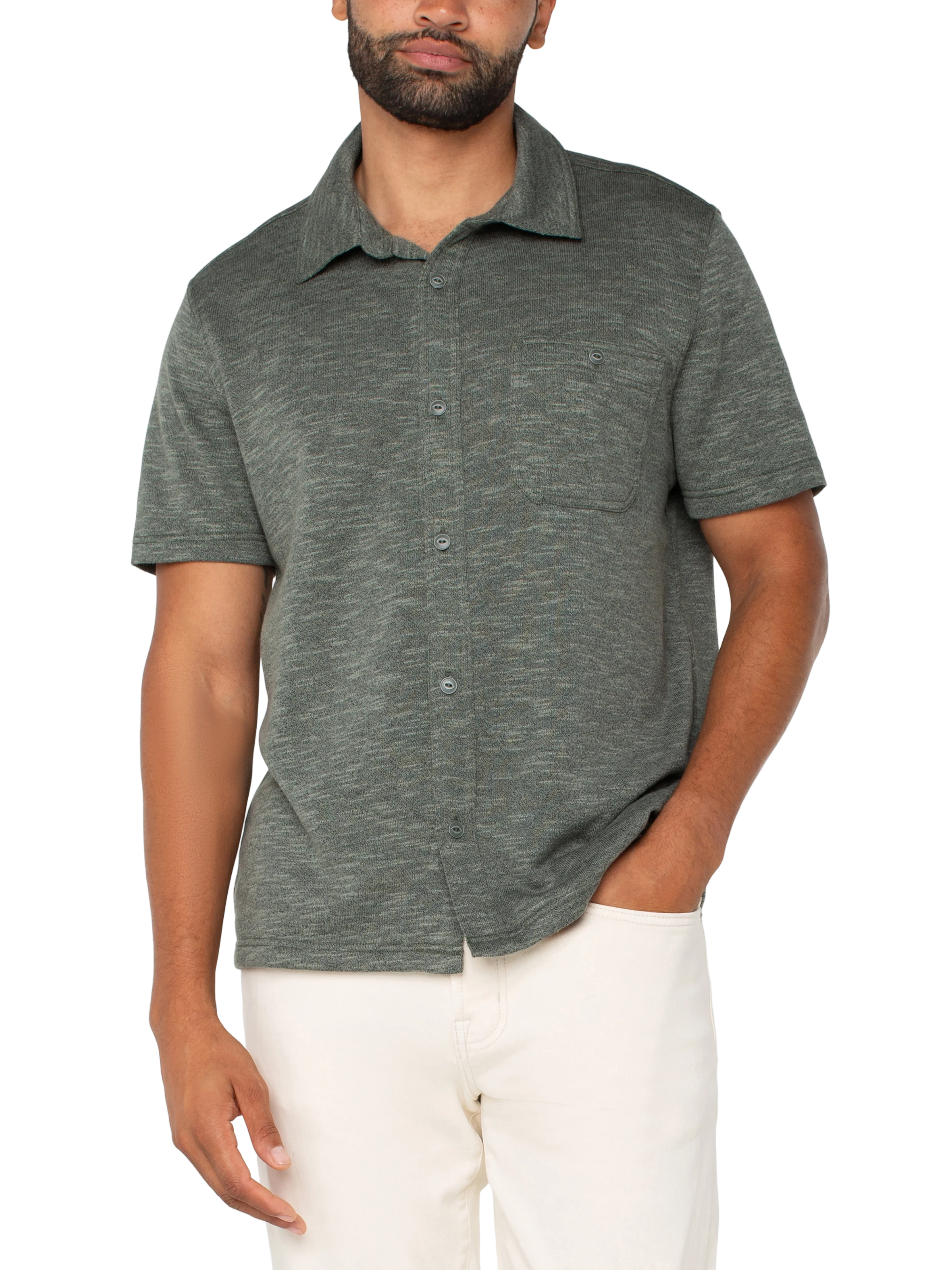 Liverpool Knit SS Button Up Heather Sage Shirt Kempt Mens Shop Athens Georgia