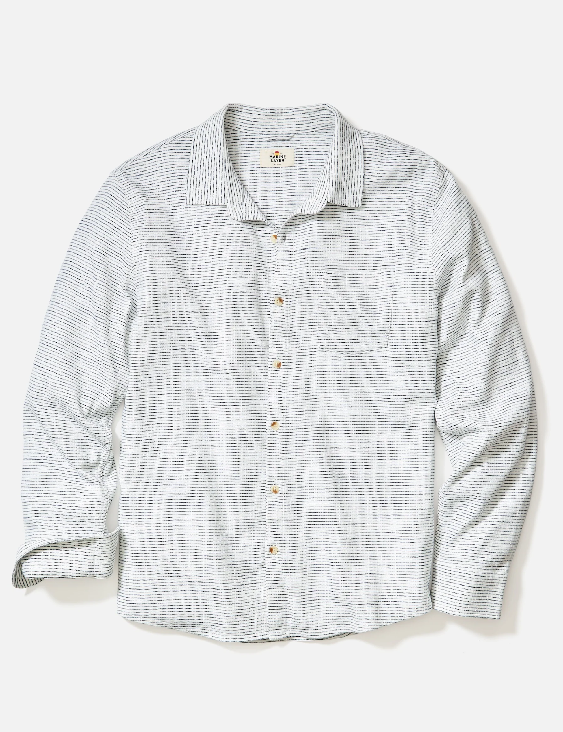 Marine Layer Classic Stretch Long Sleeve LS Selvage Shirt Natural White Black Stripe Pattern Men’s Tops for Men Spring Summer Collared Button Up Athens GA Georgia Kempt Menswear Store Near Me