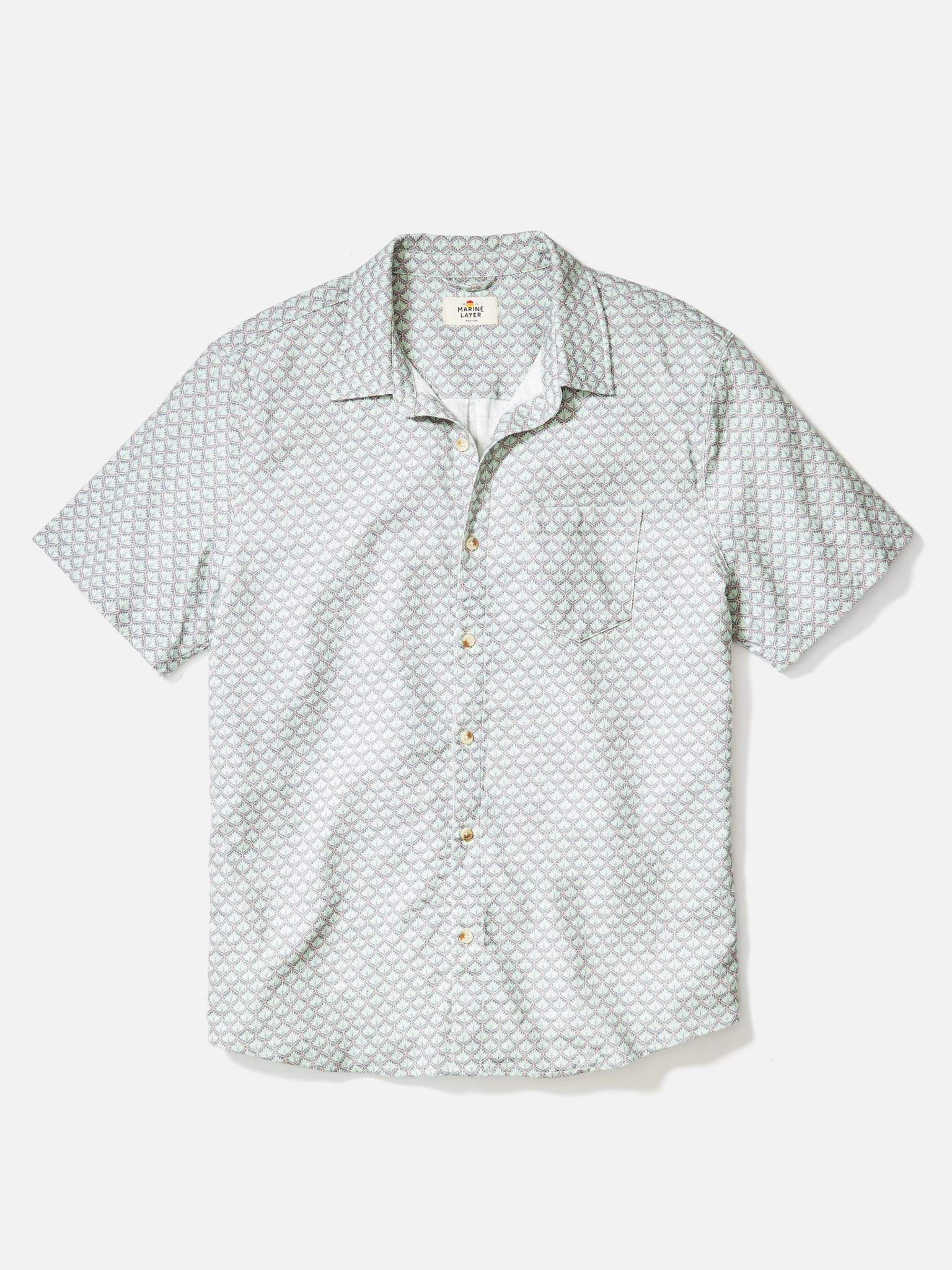 Marine Layer Classic Stretch Selvage Shirt Aqua Agave Blue Green Print SS Short Sleeve Men’s Spring Summer Collared Button Up Shirt for Men Athens GA Georgia Kempt Menswear Store Near Me