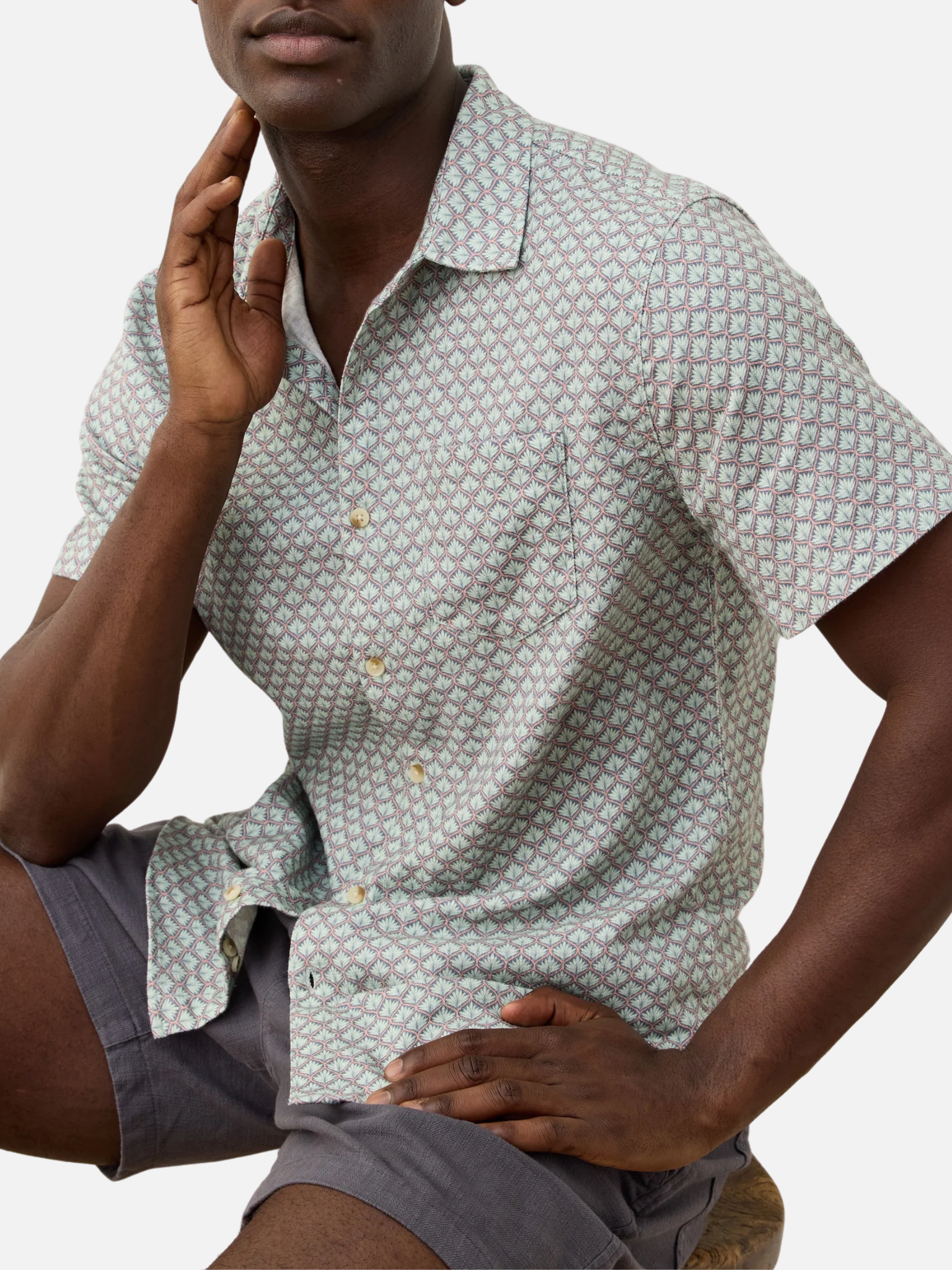 Marine Layer Classic Stretch Selvage Shirt Aqua Agave Blue Green Print SS Short Sleeve Men’s Spring Summer Collared Button Up Shirt for Men Athens GA Georgia Kempt Menswear Store Near Me