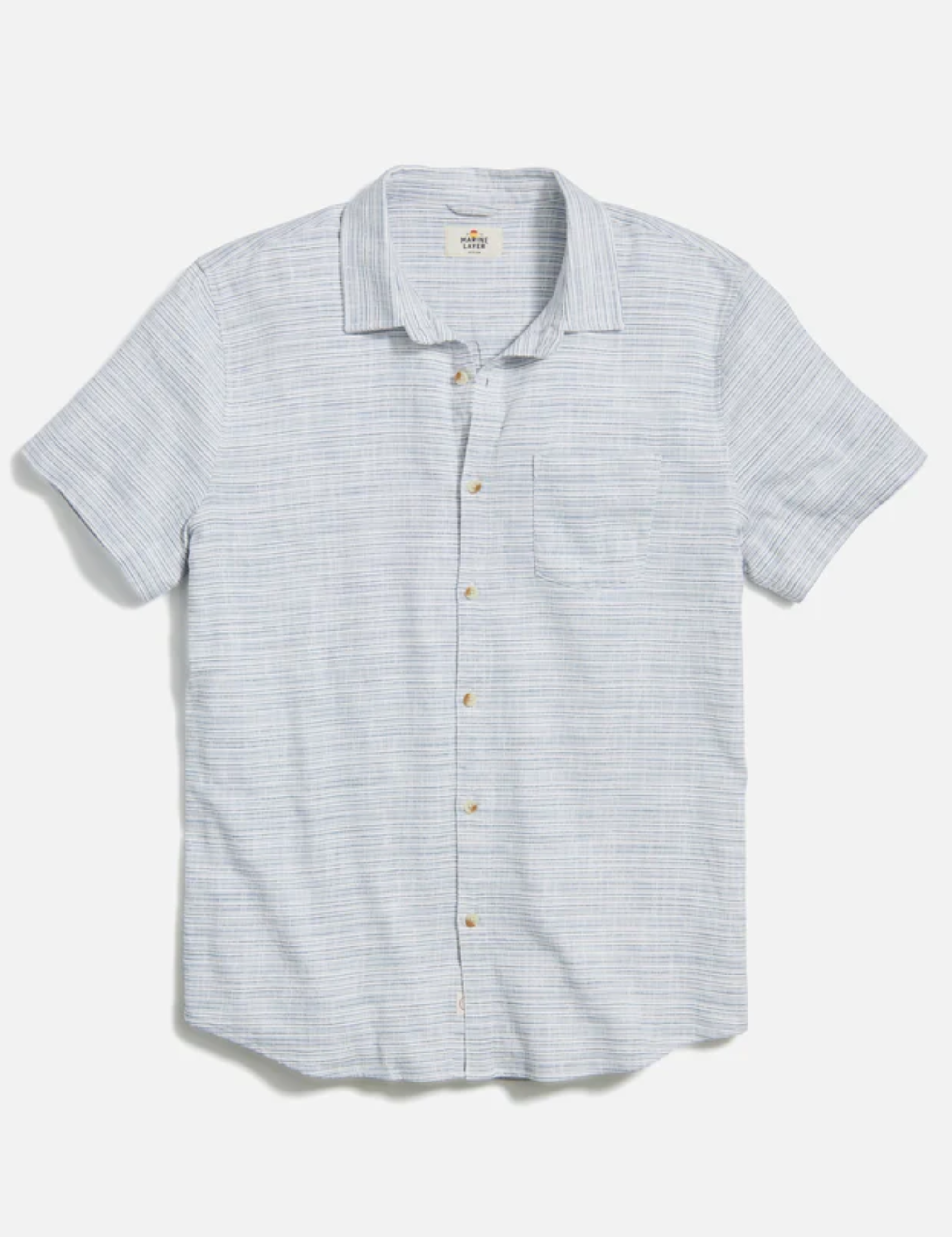 Marine Layer Classic Stretch Selvage Shirt Blue Mini Stripe SS Short Sleeve Men’s Button Top Athens GA Georgia Kempt Menswear Store Near Me