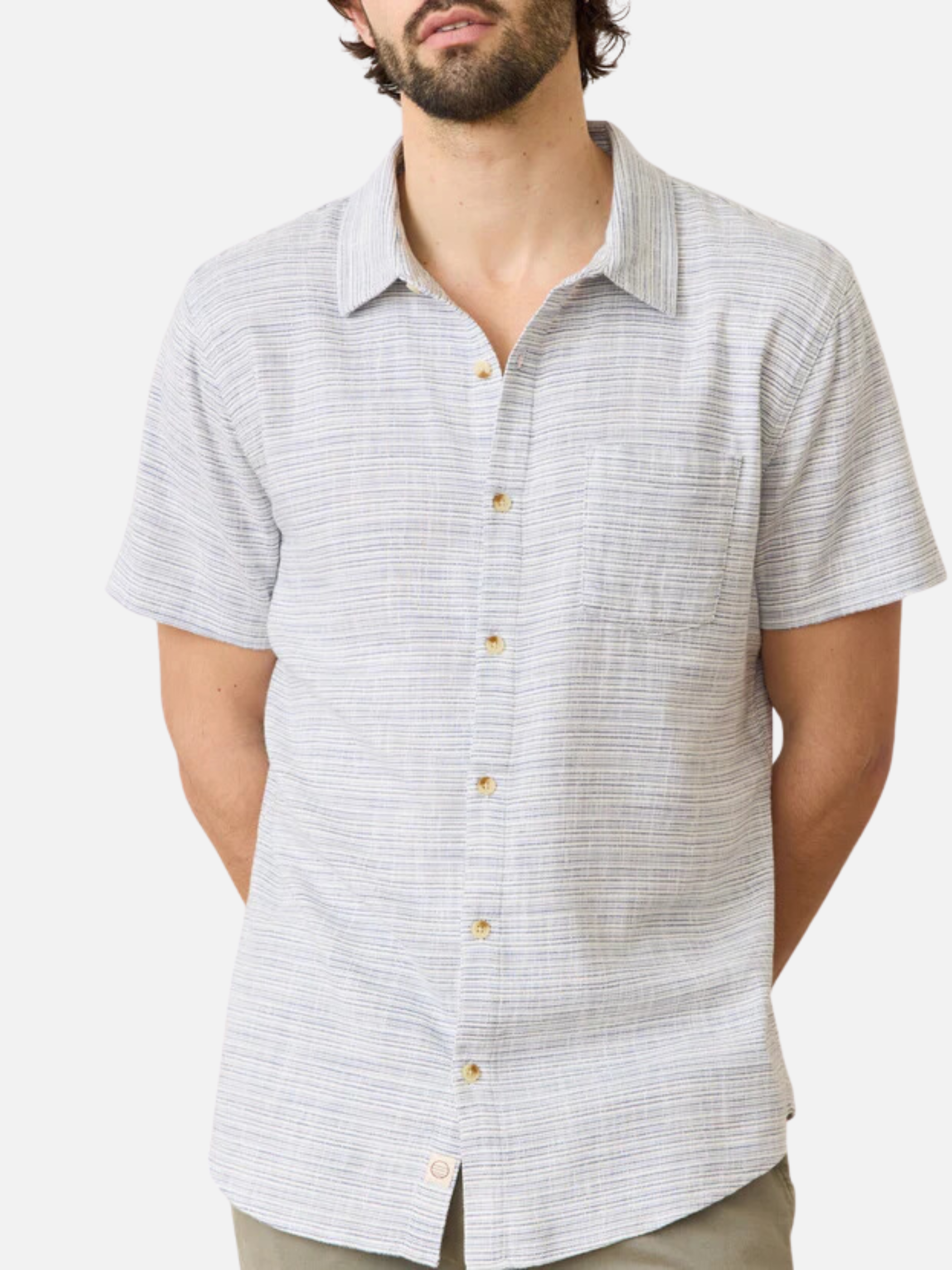 Marine Layer Classic Stretch Selvage Shirt Blue Mini Stripe SS Short Sleeve Men’s Button Top Athens GA Georgia Kempt Menswear Store Near Me
