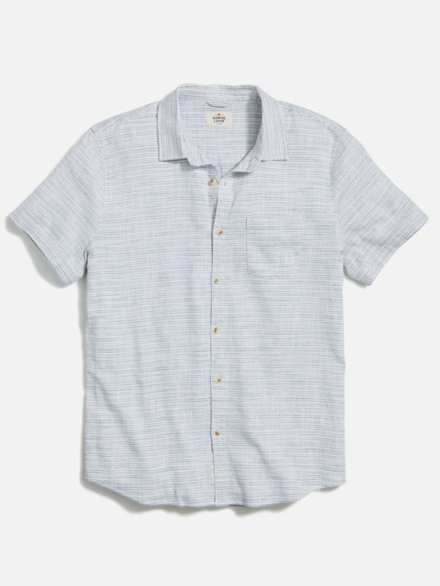 Marine Layer Classic Stretch Selvage Shirt Blue Mini Stripe SS Short Sleeve Men’s Button Top Athens GA Georgia Kempt Menswear Store Near Me