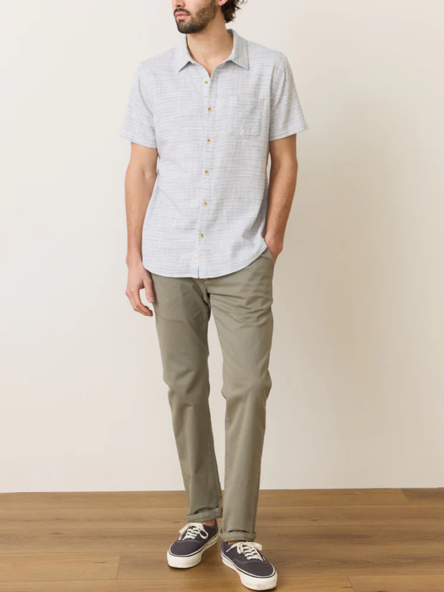 Marine Layer Classic Stretch Selvage Shirt Blue Mini Stripe SS Short Sleeve Men’s Button Top Athens GA Georgia Kempt Menswear Store Near Me