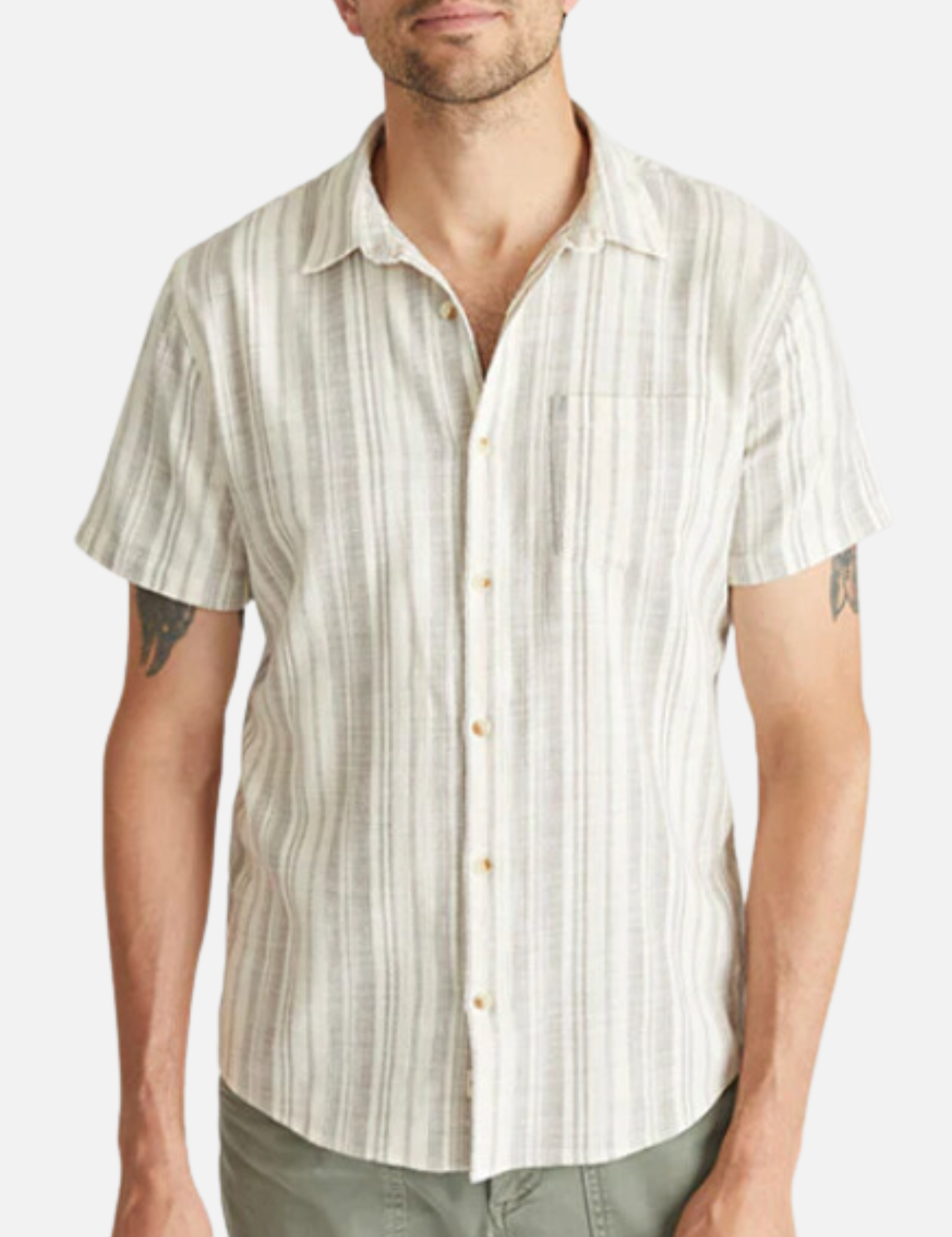Marine Layer Classic Stretch Selvage Shirt Cream Olive Stripe Men’s SS Short Sleeve Button Collared Top Athens GA Georgia Kempt Menswear Store Near Me