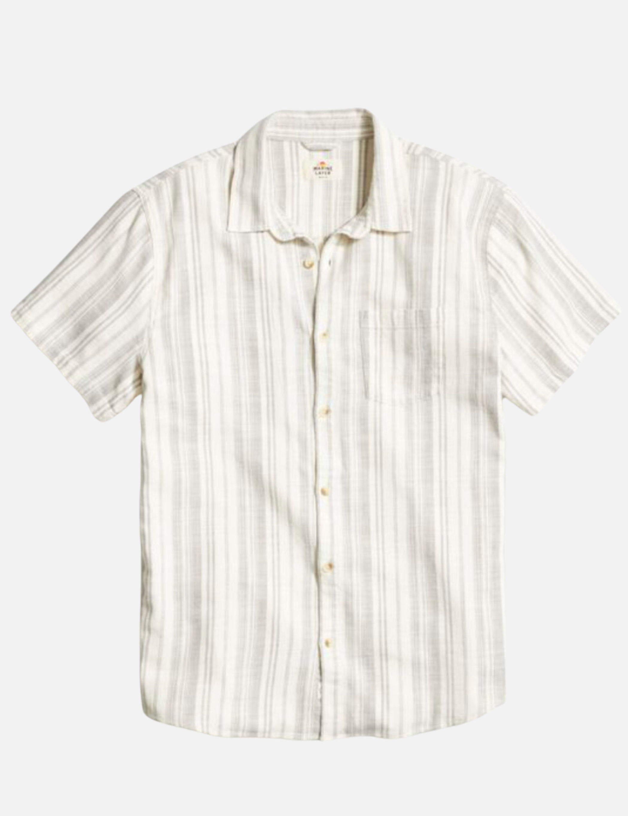 Marine Layer Classic Stretch Selvage Shirt Cream Olive Stripe Men’s SS Short Sleeve Button Collared Top Athens GA Georgia Kempt Menswear Store Near Me