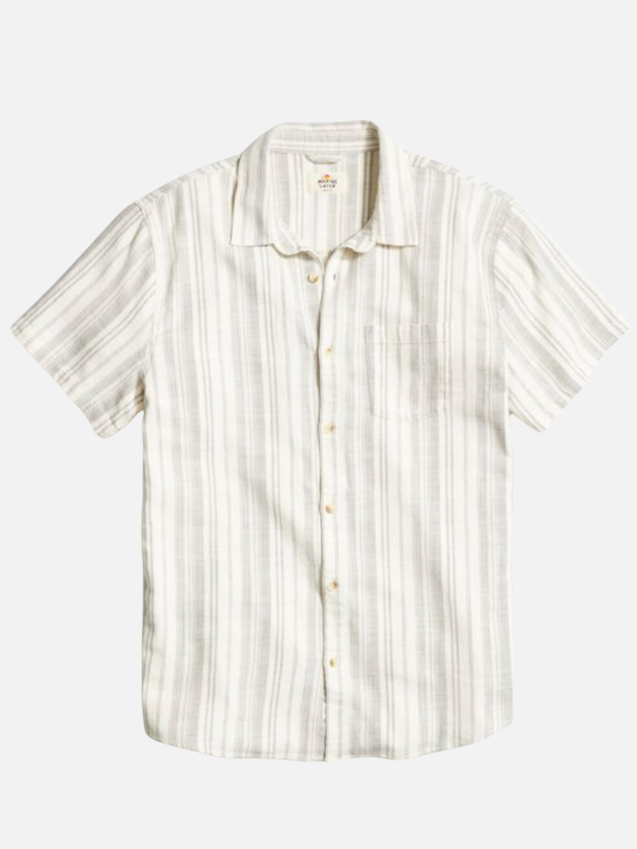 Marine Layer Classic Stretch Selvage Shirt Cream Olive Stripe Men’s SS Short Sleeve Button Collared Top Athens GA Georgia Kempt Menswear Store Near Me