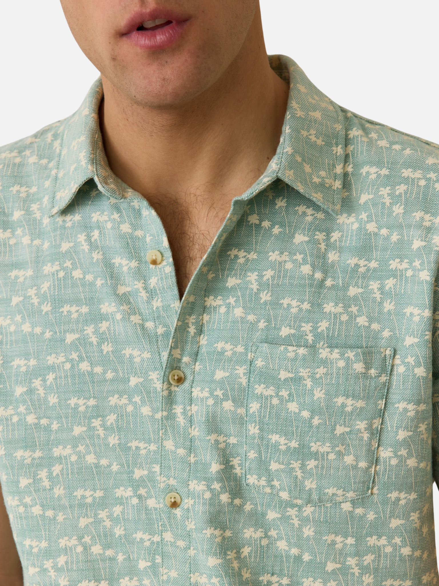 Marine Layer Classic Stretch Selvage Shirt SS Short Sleeve Green Palm Floral Print Collared Button Casual Men’s Top for Men Athens GA Georgia Kempt Menswear Store Near Me