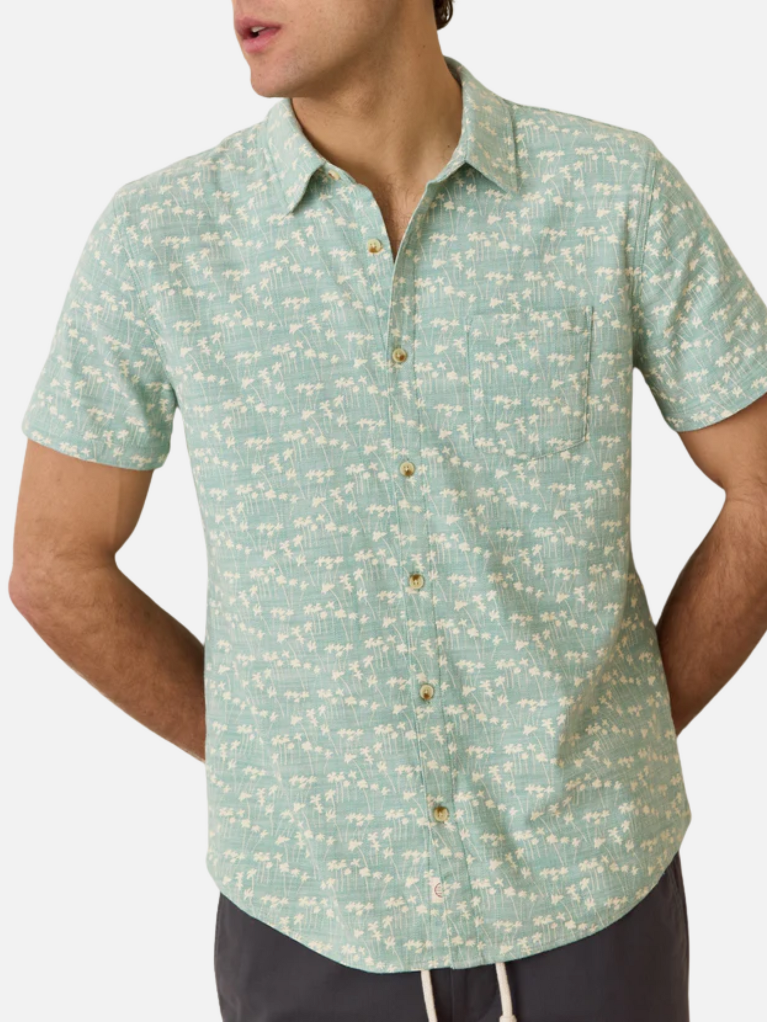 Marine Layer Classic Stretch Selvage Shirt SS Short Sleeve Green Palm Floral Print Collared Button Casual Men’s Top for Men Athens GA Georgia Kempt Menswear Store Near Me