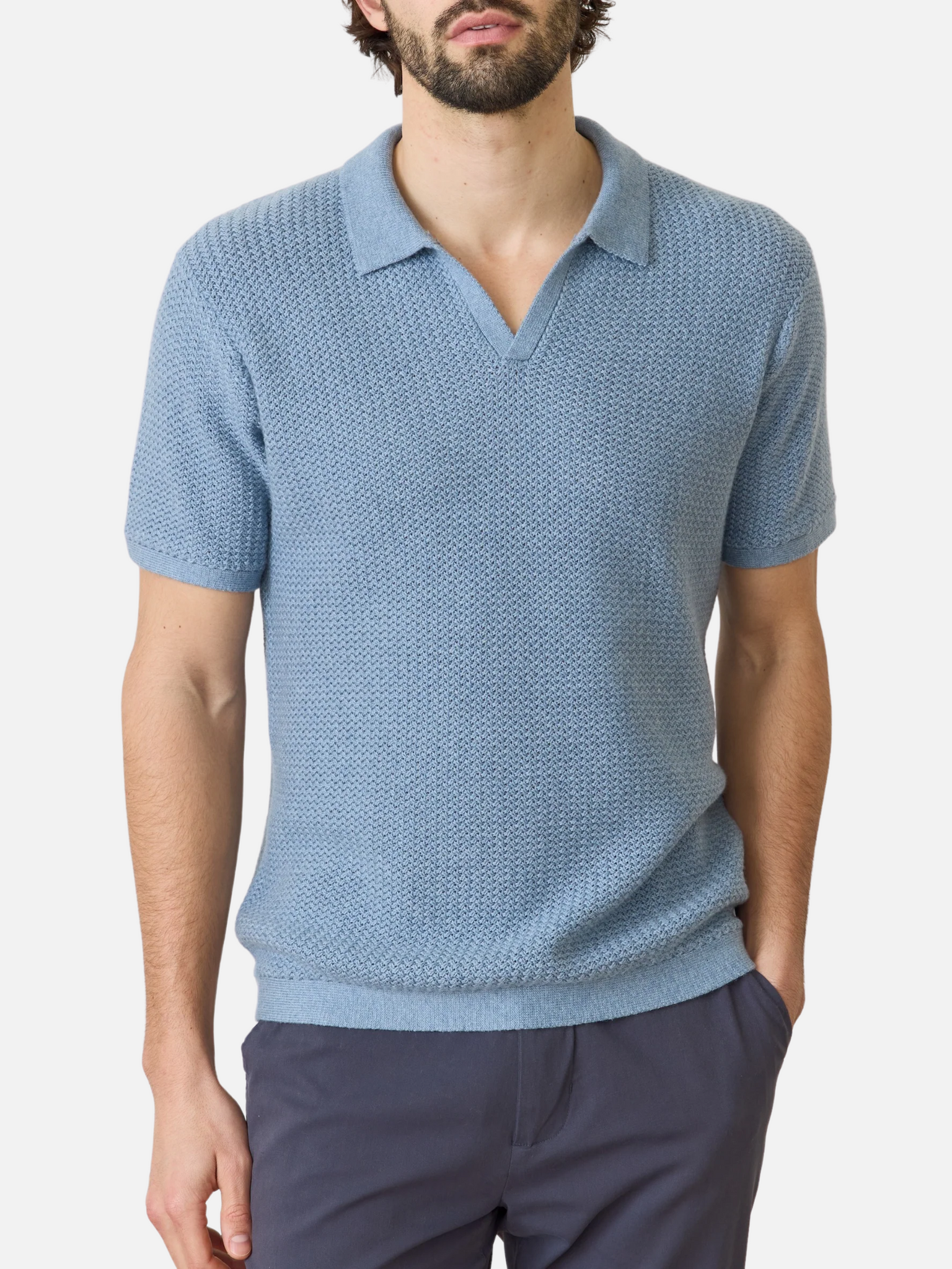 Marine Layer Conrad Sweater Polo SS Short Sleeve top for Men Blue Washed Indigo Johnny Collar Athens GA Georgia Kempt Menswear Store Near Me