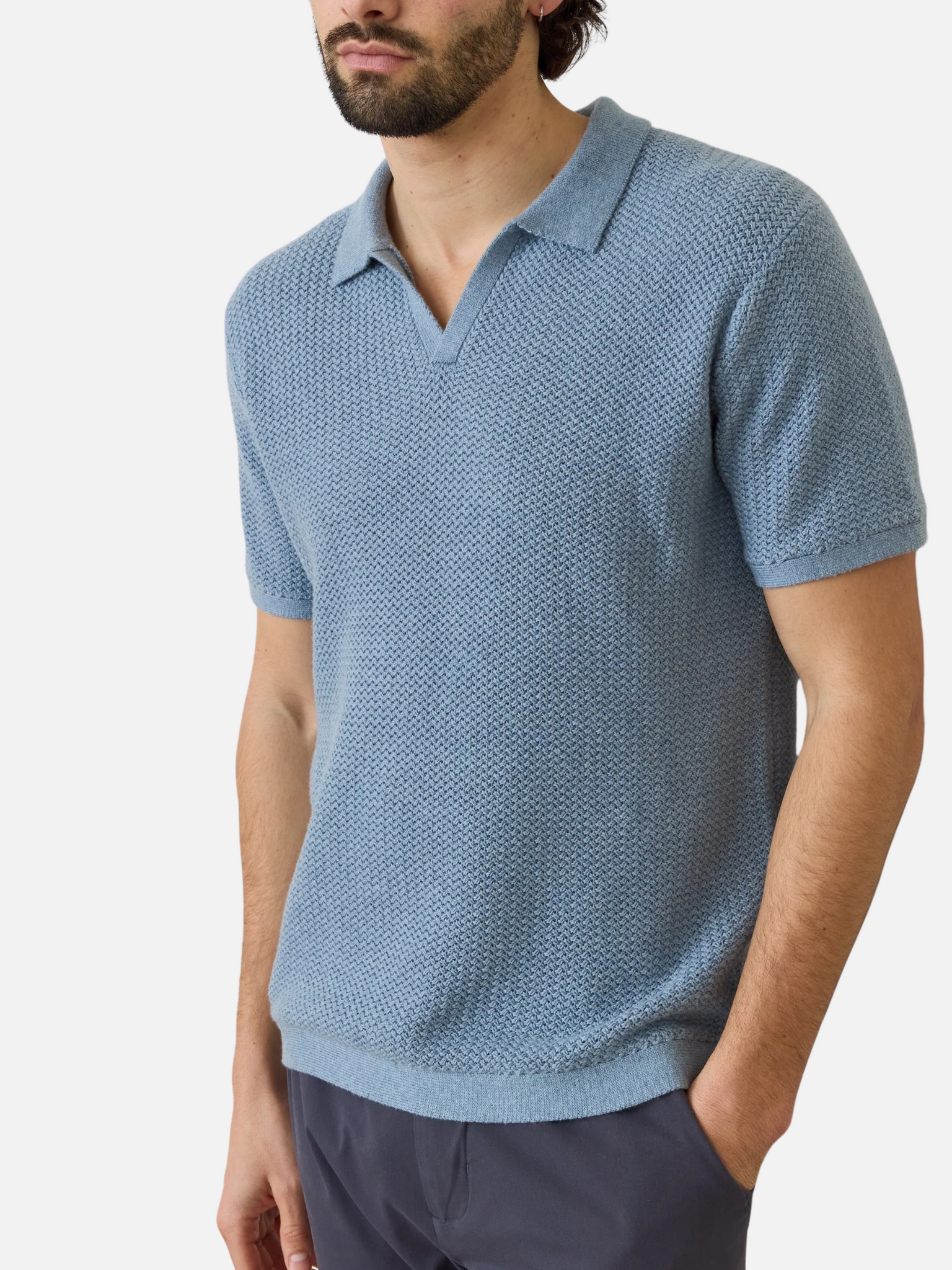 Marine Layer Conrad Sweater Polo SS Short Sleeve top for Men Blue Washed Indigo Johnny Collar Athens GA Georgia Kempt Menswear Store Near Me