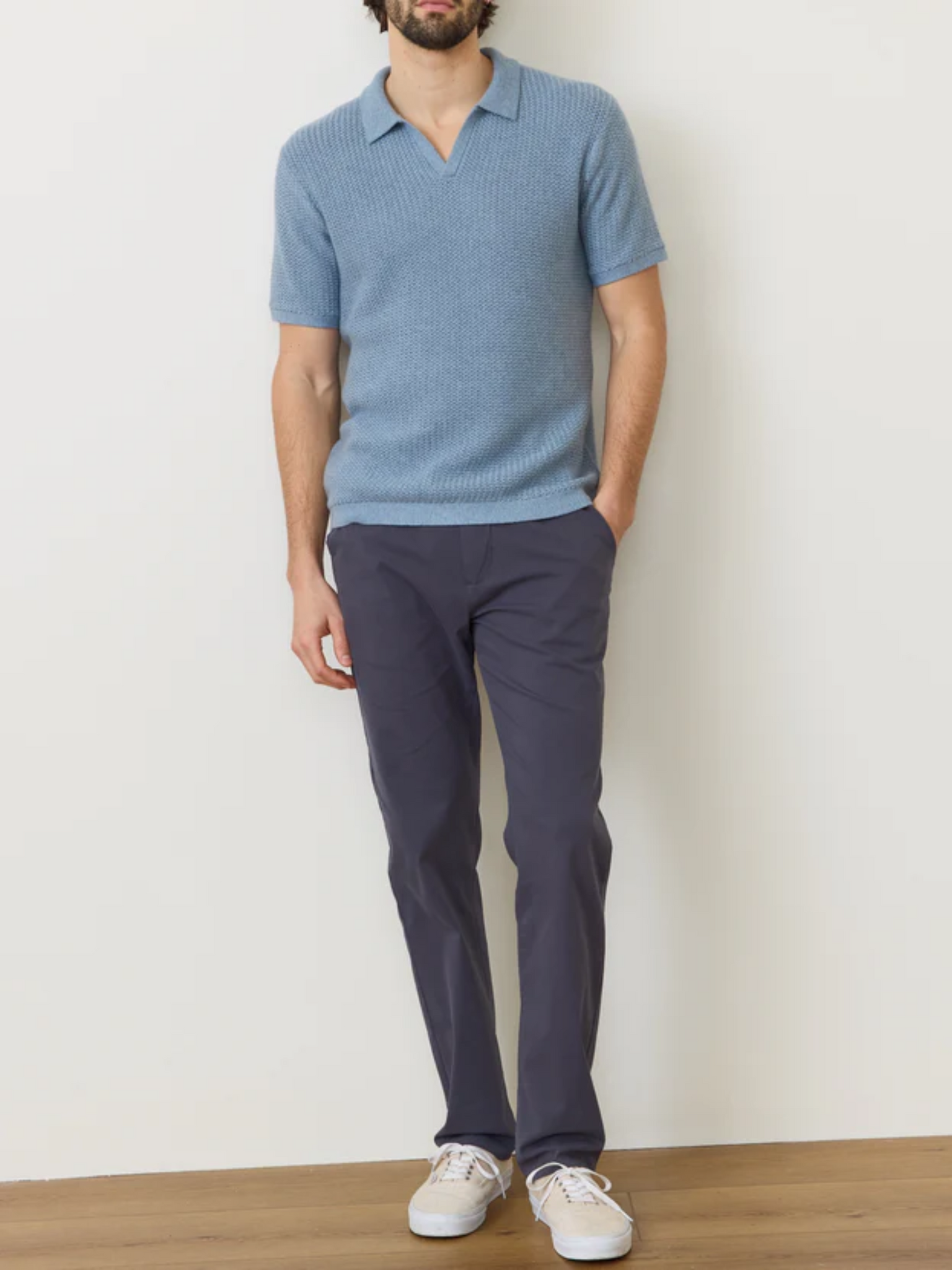 Marine Layer Conrad Sweater Polo SS Short Sleeve top for Men Blue Washed Indigo Johnny Collar Athens GA Georgia Kempt Menswear Store Near Me