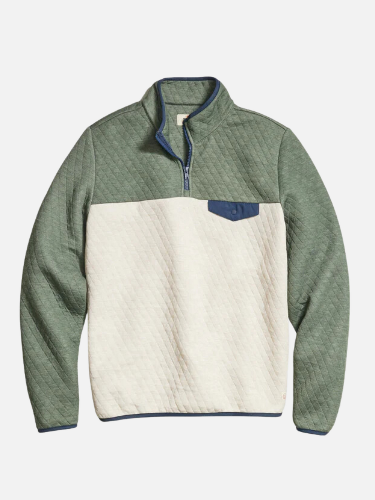 Marine Layer Corbet Quilted Colorblock Pullover Quarter Zip Collared Front Pocket With Clasp Olive Green Oatmeal Cream Navy Trimming Men’s Top Outerwear Athens GA Georgia Kempt Menswear Store Near Me