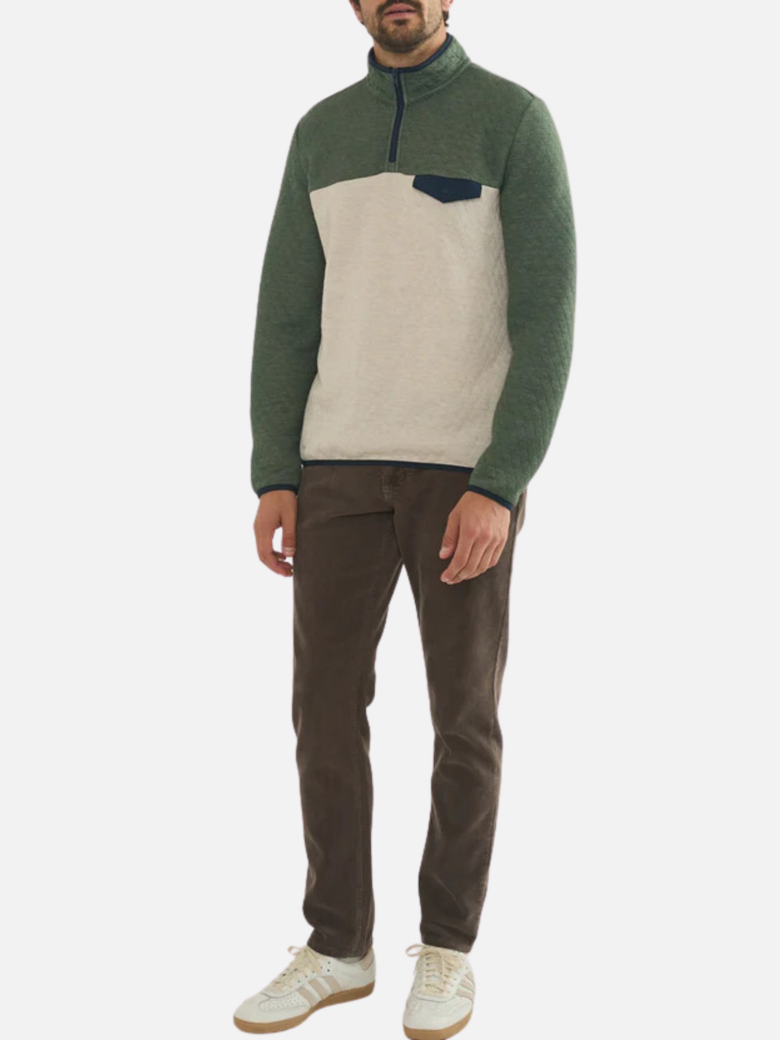 Marine Layer Corbet Quilted Colorblock Pullover Quarter Zip Collared Front Pocket With Clasp Olive Green Oatmeal Cream Navy Trimming Men’s Top Outerwear Athens GA Georgia Kempt Menswear Store Near Me
