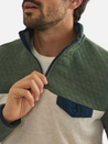 Marine Layer Corbet Quilted Colorblock Pullover Quarter Zip Collared Front Pocket With Clasp Olive Green Oatmeal Cream Navy Trimming Men’s Top Outerwear Athens GA Georgia Kempt Menswear Store Near Me