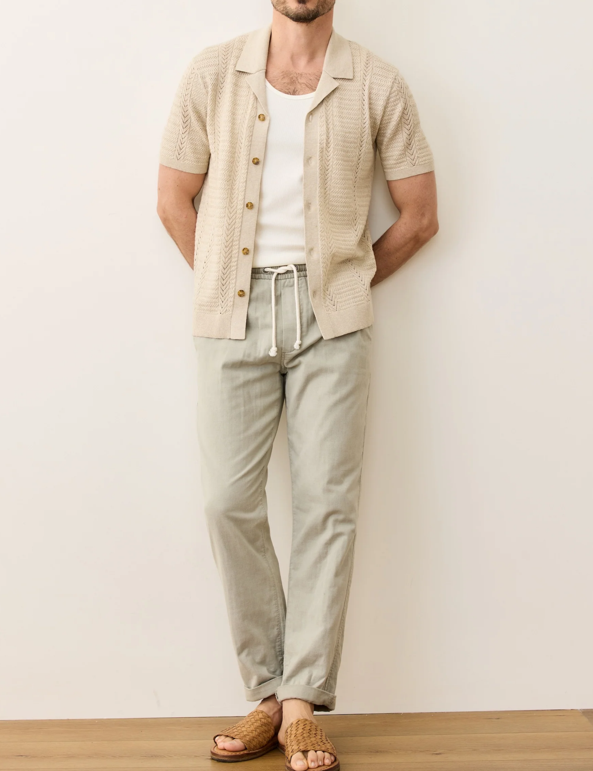 Marine Layer Jaden Sweater Resort Shirt Driftwood Men's Textured Knit Collared Button Up Shirt For Men Athens GA Georgia Kempt Menswear Store Near Me