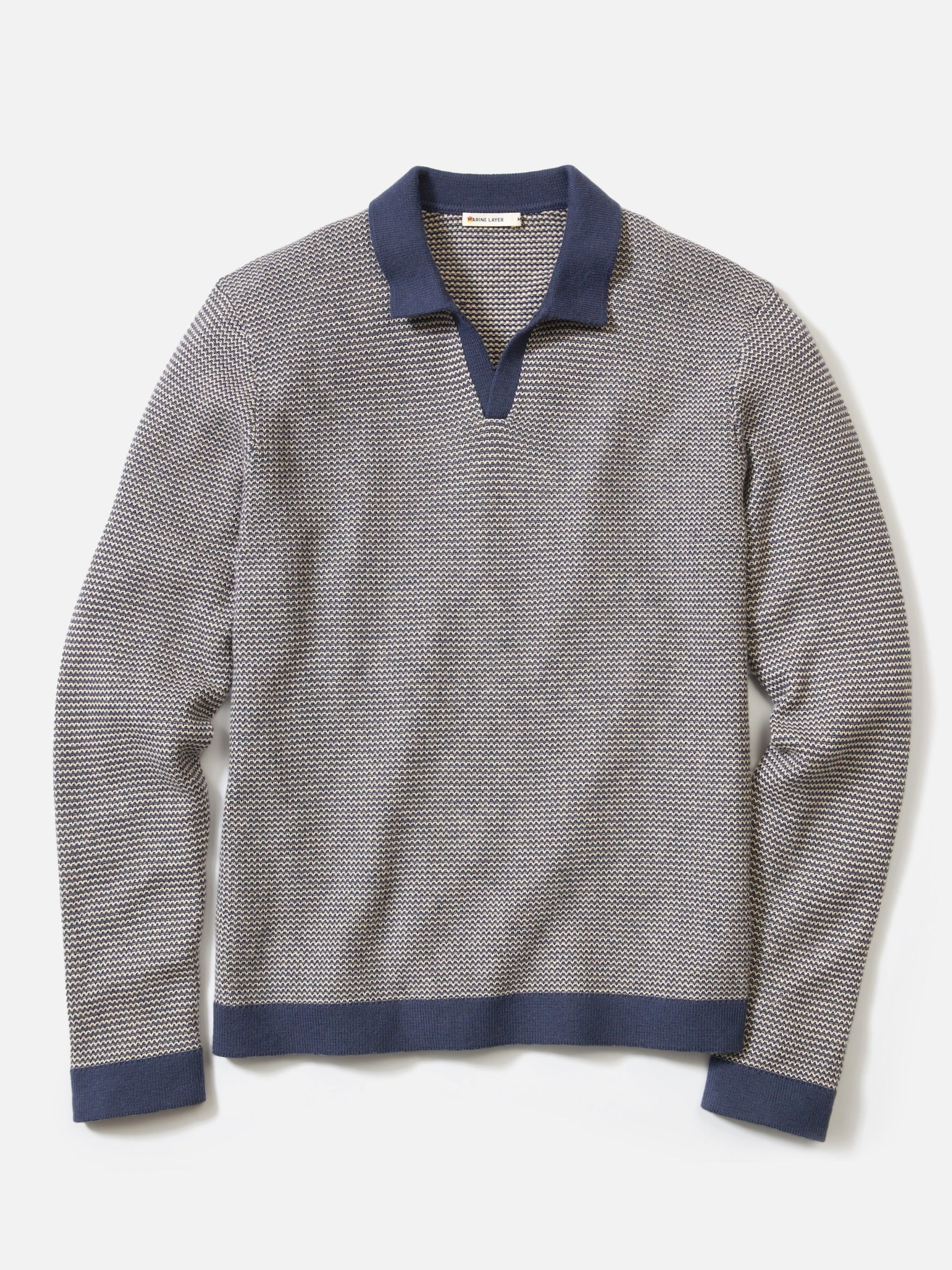 Marine Layer Liam Sweater Long Sleeve Polo Navy Driftwood Blue Knit Knitted Men’s Top Tops for Men Fall Winter Johnny Collar 