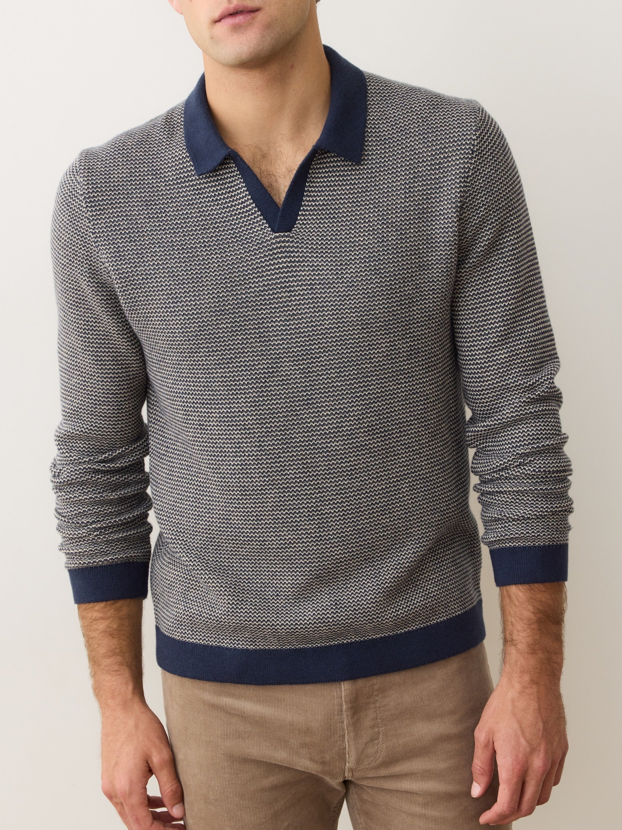 Marine Layer Liam Sweater Long Sleeve Polo Navy Driftwood Blue Knit Knitted Men’s Top Tops for Men Fall Winter Johnny Collar 