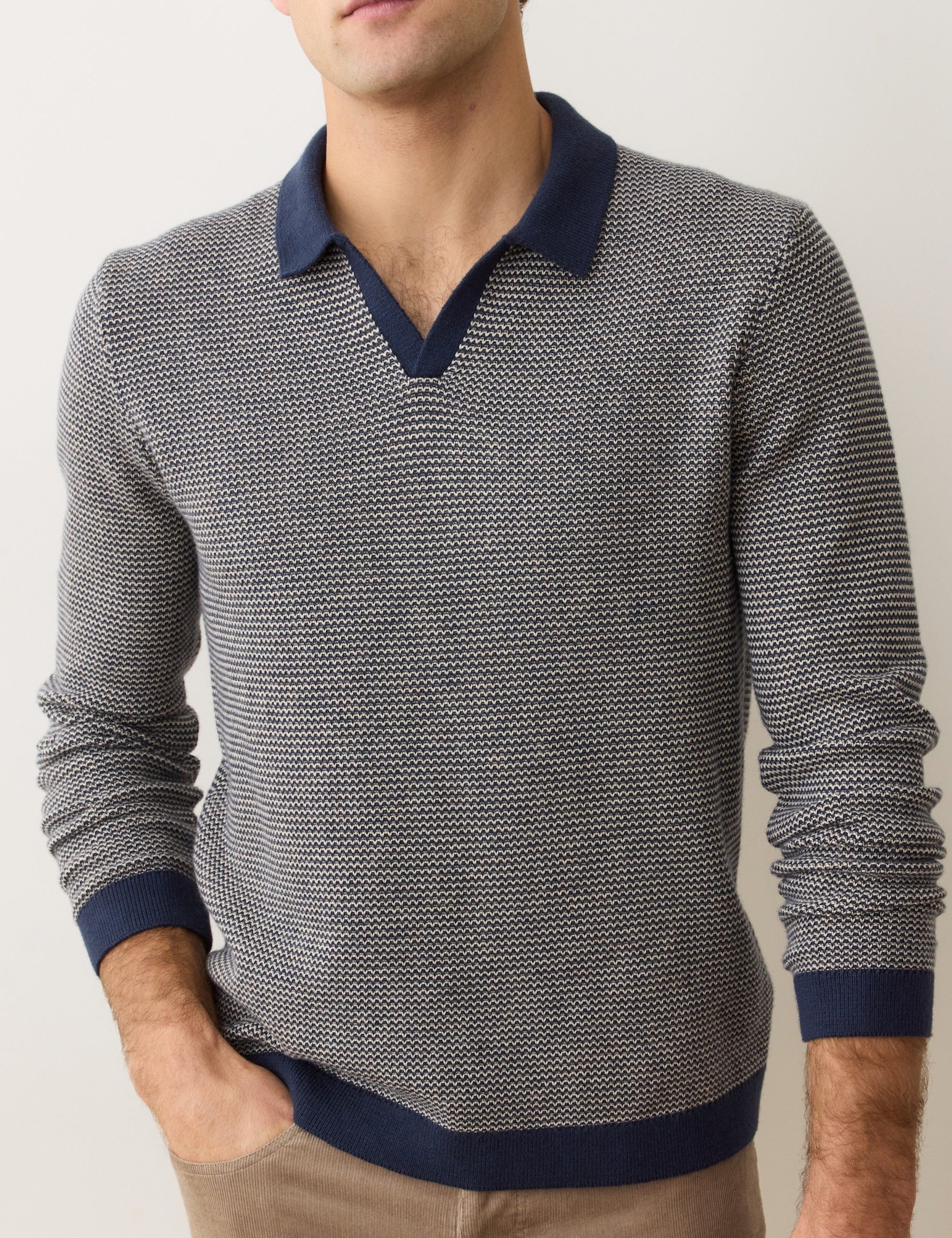 Marine Layer Liam Sweater Long Sleeve Polo Navy Driftwood Blue Knit Knitted Men’s Top Tops for Men Fall Winter Johnny Collar 