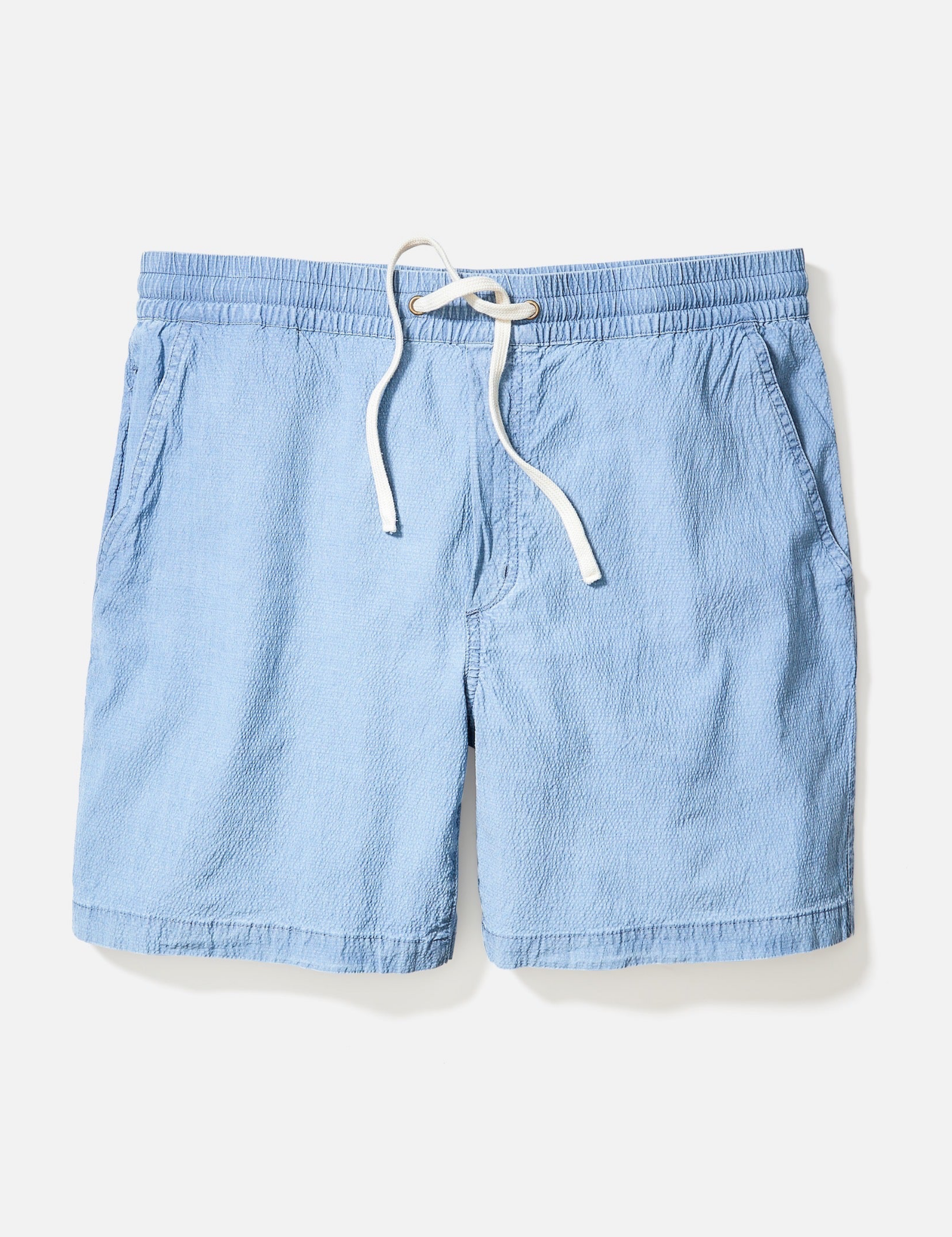 Marine Layer Saturday Seersucker 6” Inch Short Light Indigo Blue Drawstring Elastic Waistband Men’s Bottoms for Men Spring Summer Athens GA Georgia Kempt Menswear Store Near Me