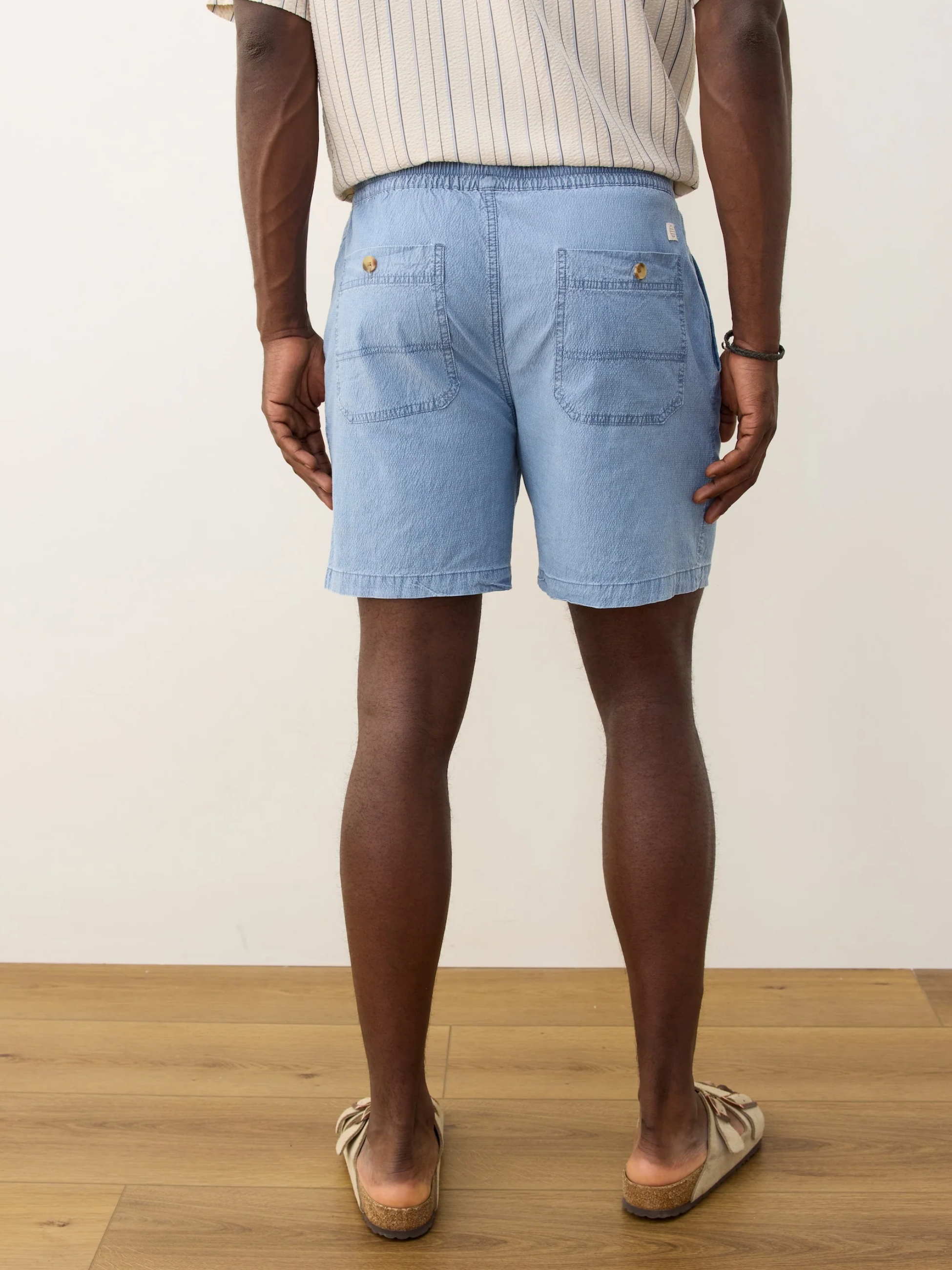 Marine Layer Saturday Seersucker 6” Inch Short Light Indigo Blue Drawstring Elastic Waistband Men’s Bottoms for Men Spring Summer Athens GA Georgia Kempt Menswear Store Near Me