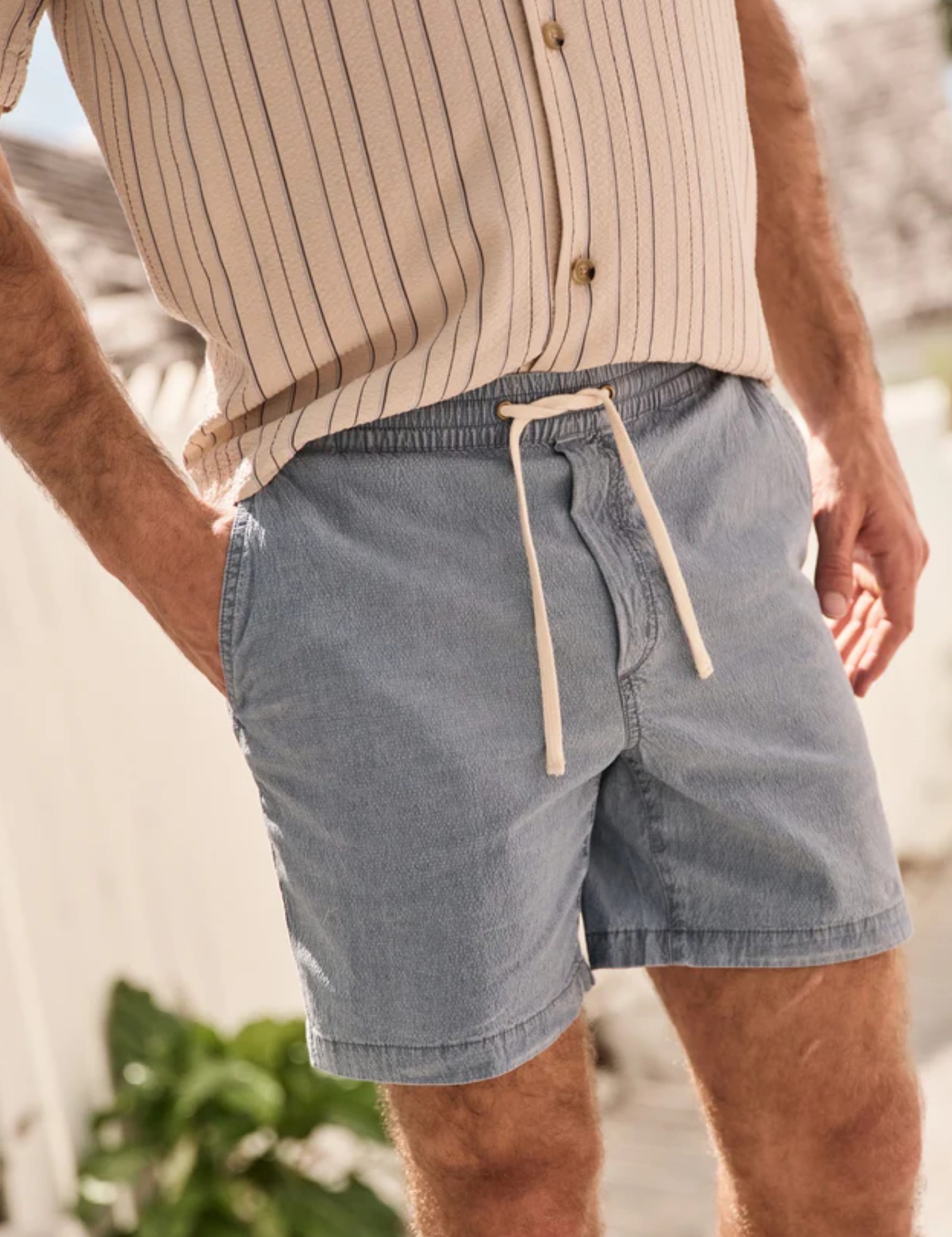 Marine Layer Saturday Seersucker 6” Inch Short Light Indigo Blue Drawstring Elastic Waistband Men’s Bottoms for Men Spring Summer Athens GA Georgia Kempt Menswear Store Near Me