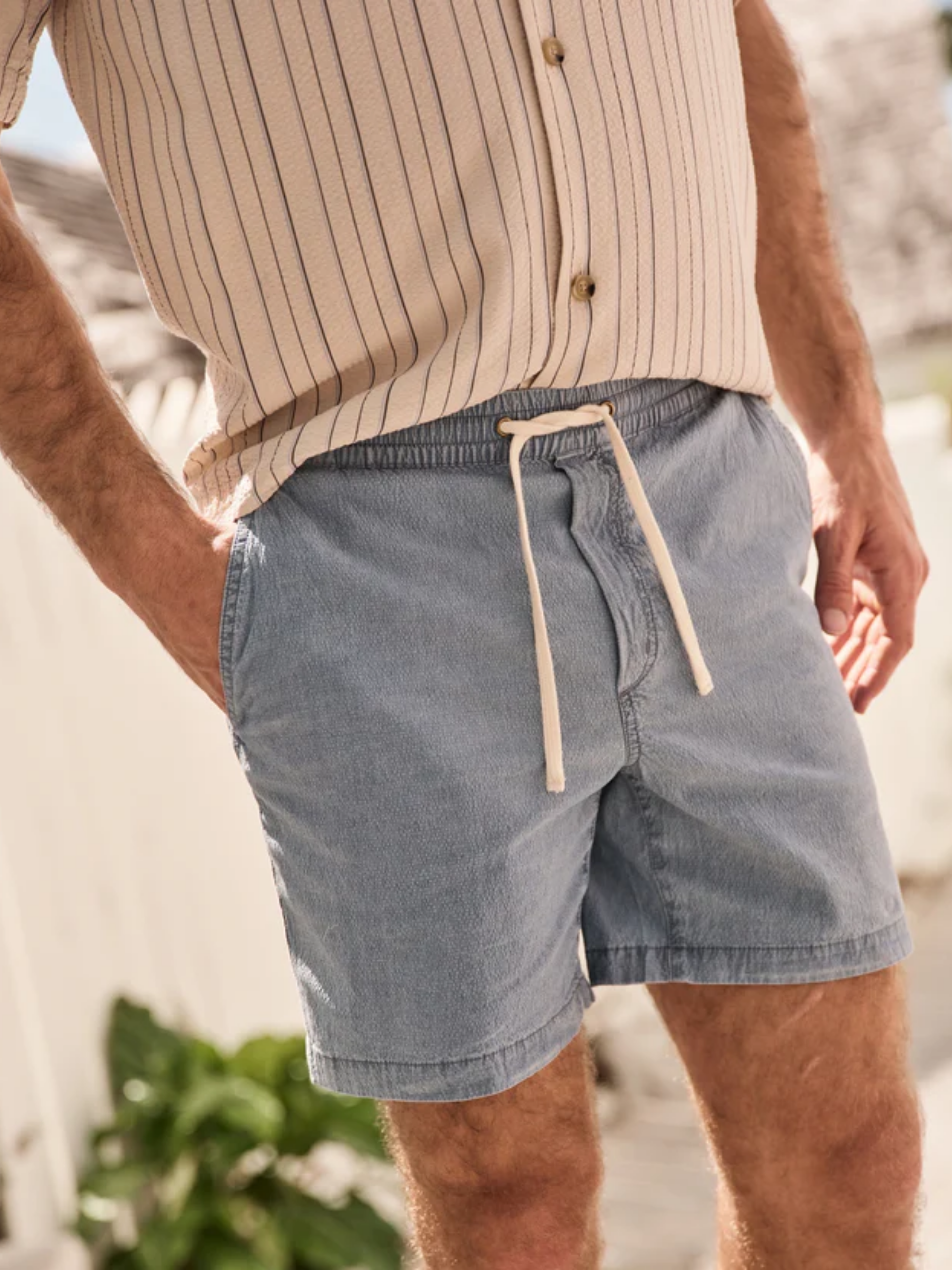 Marine Layer Saturday Seersucker 6” Inch Short Light Indigo Blue Drawstring Elastic Waistband Men’s Bottoms for Men Spring Summer Athens GA Georgia Kempt Menswear Store Near Me
