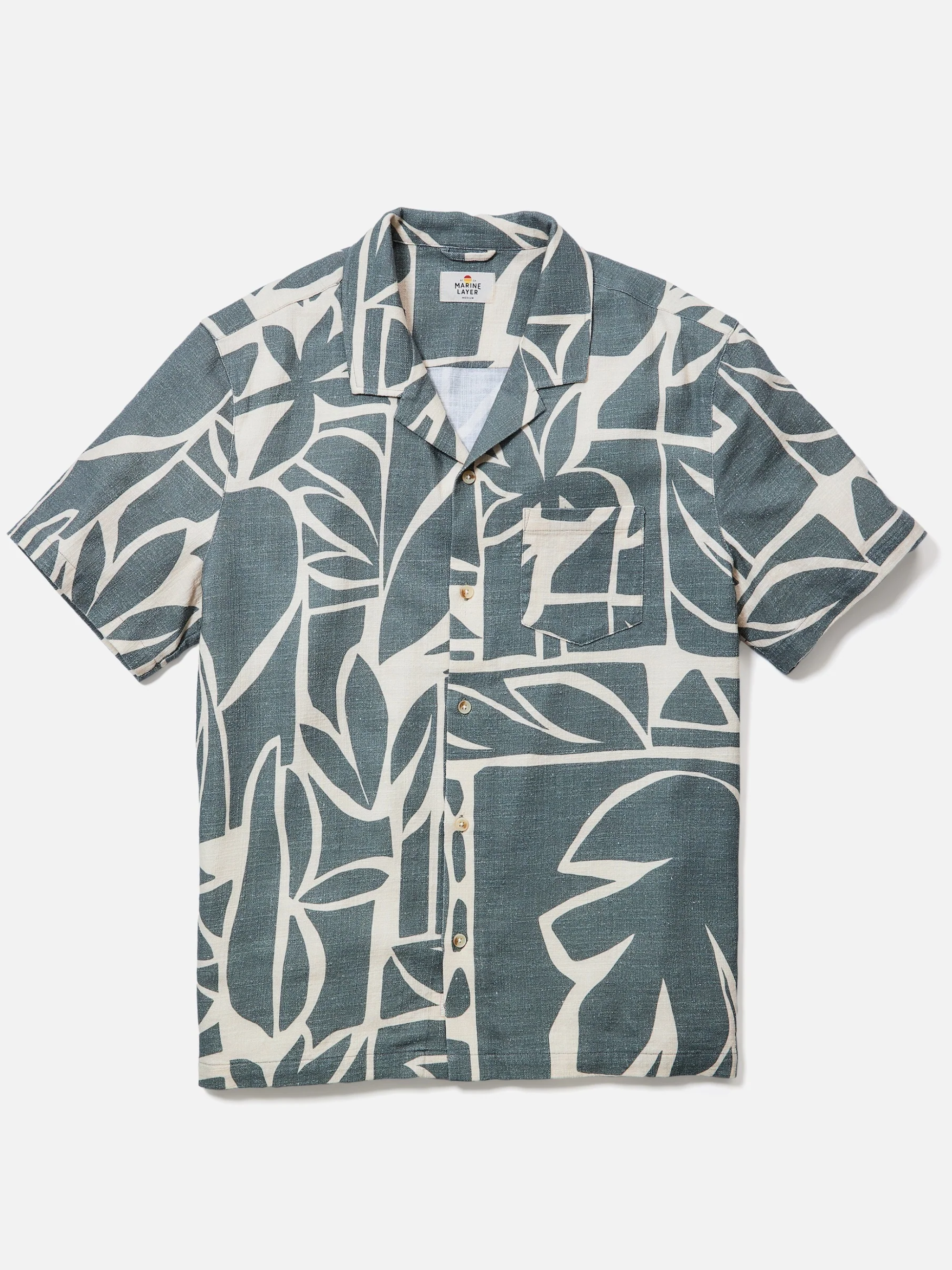 Marine Layer Stretch Selvage Resort SS Short Sleeve Men’s Shirt Shirts Top Tops for Men Summer Olive Green Abstract Palm Print Athens GA Georgia Kempt Menswear Store Near Me